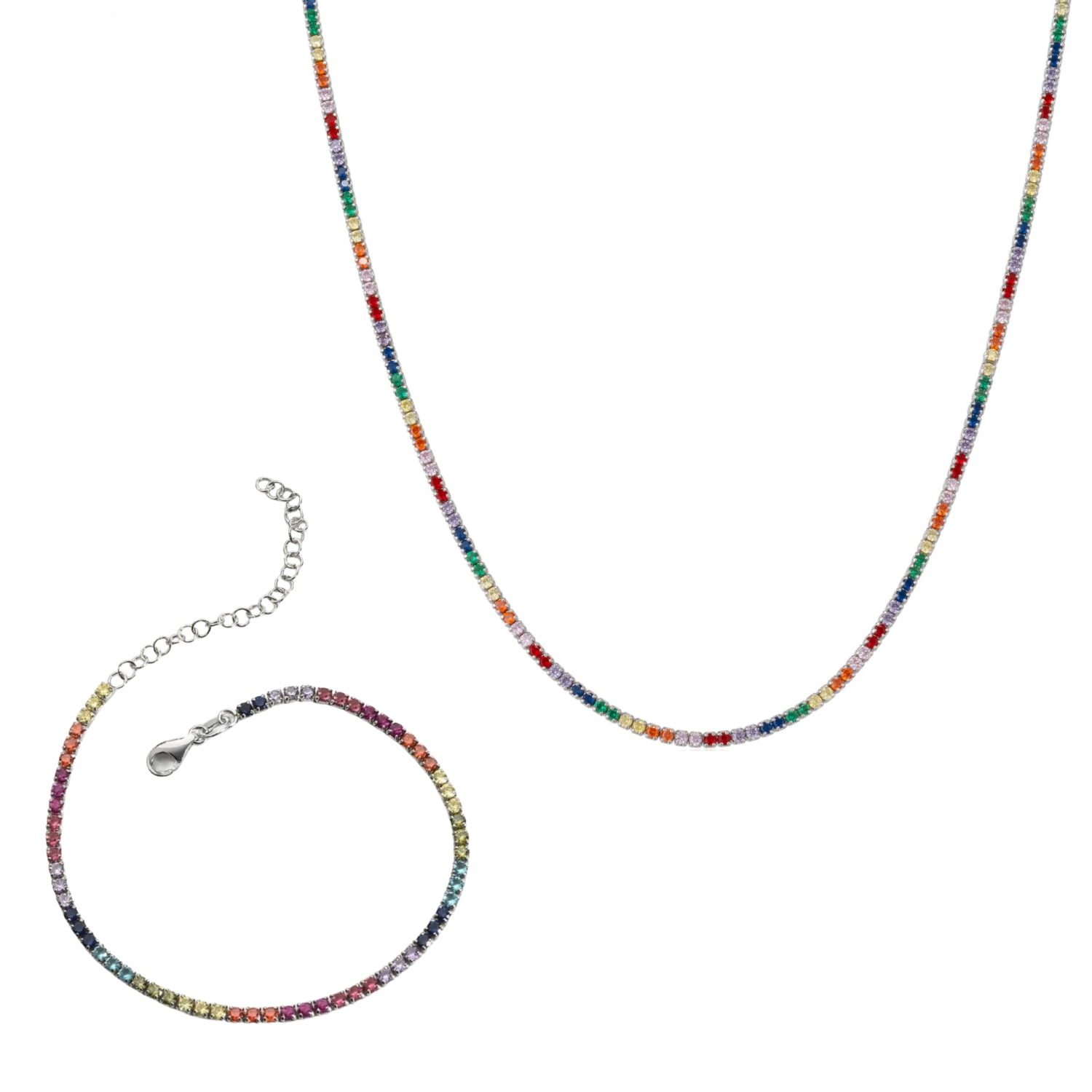 Spero London Women's Rainbow Tennis Necklace & Bracelet Set Sterling Silver In Gray