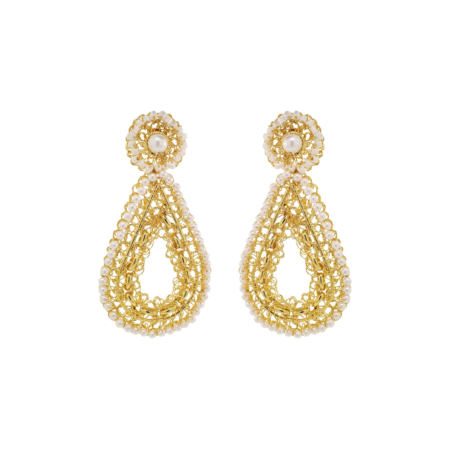 Women’s Neutrals Pearl & Gold Flux Teardrop Handmade Crochet Earrings Lavish by Tricia Milaneze