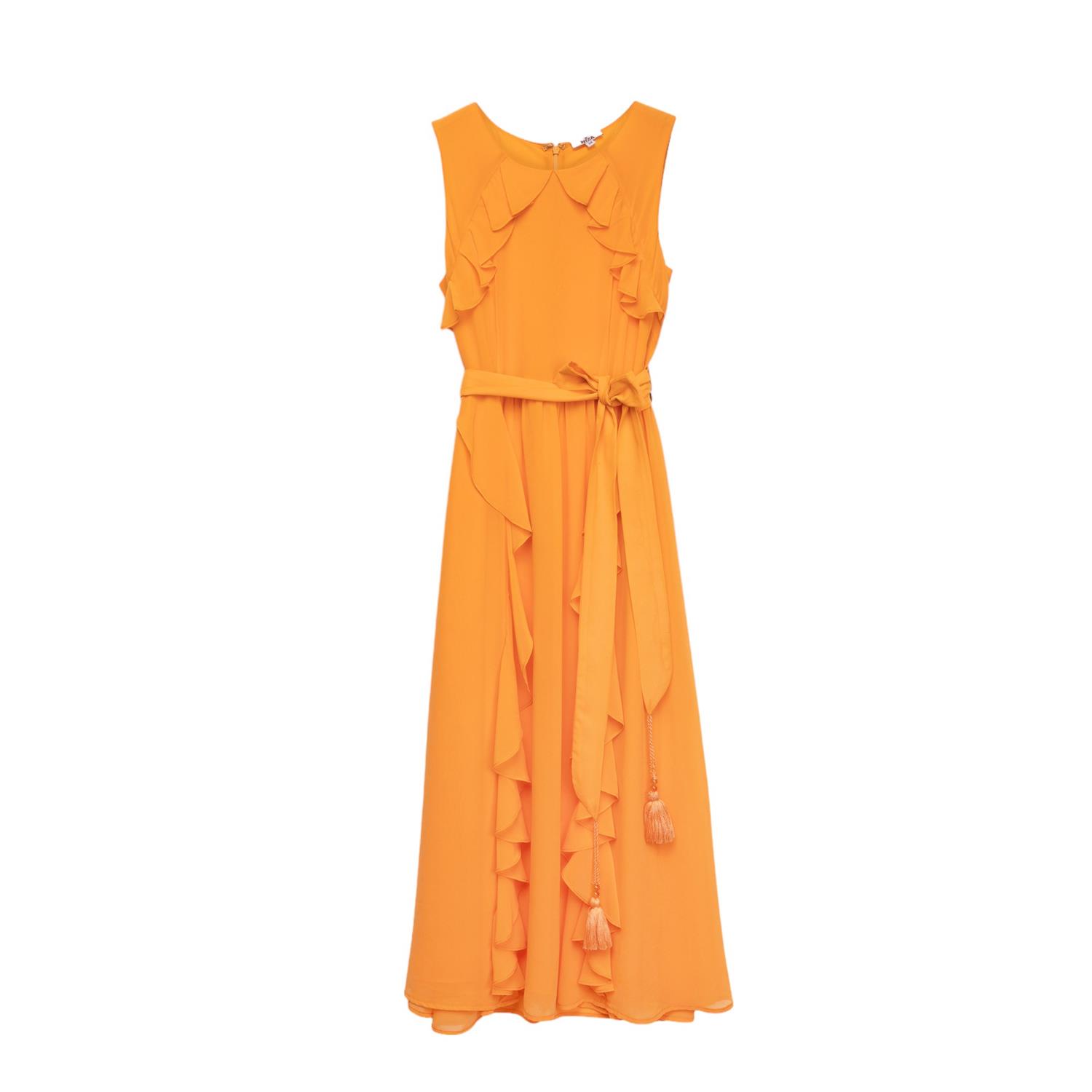 Women’s Yellow / Orange Long Dress With Pleats And Ruffles Large Niza