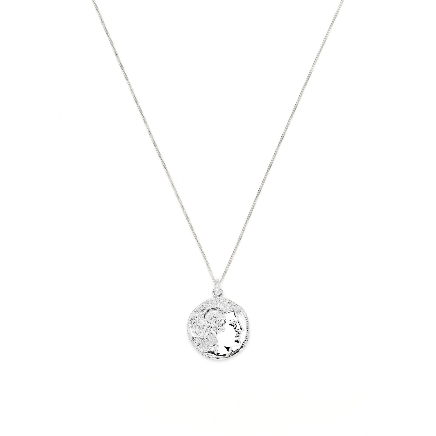 Seven Saints Men's Alexander The Great Bust Antique Coin Necklace, Unisex, White Rhodium Over Sterling Silver