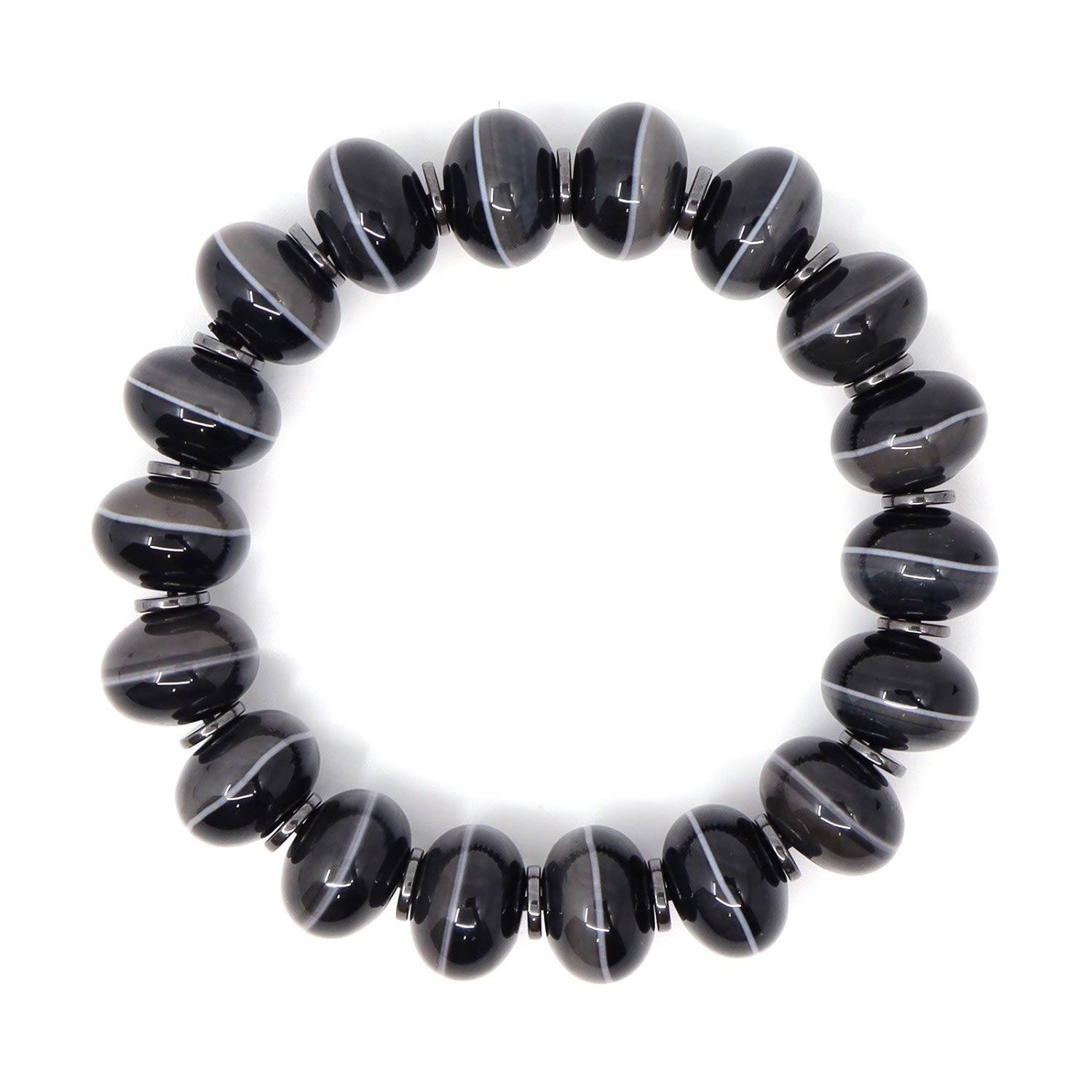 Shar Oke Men's Black / Grey / White Black, Grey & White Agates & Hematite Beaded Bracelet