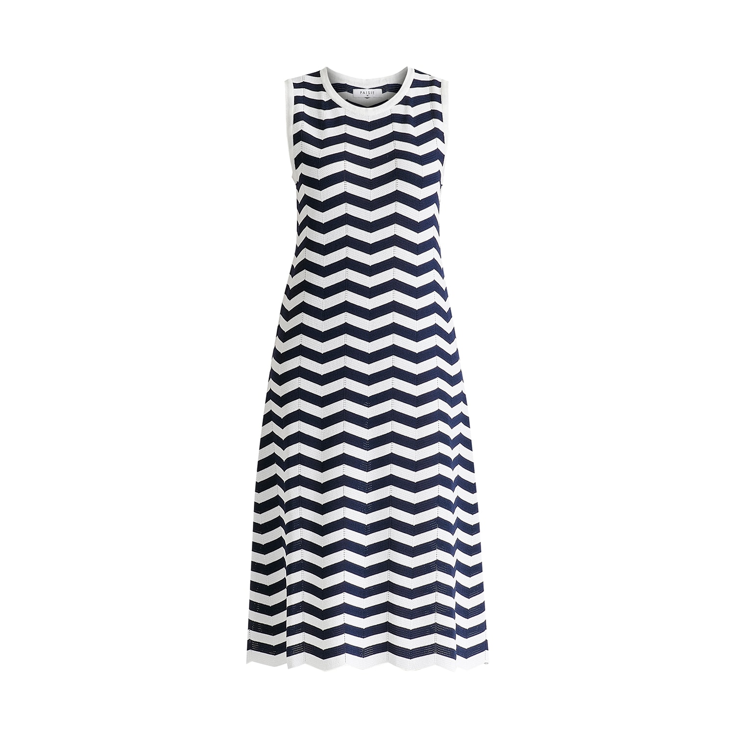 Paisie Women's Sleeveless Midi Knit Dress In Zigzag Pattern In Navy And White