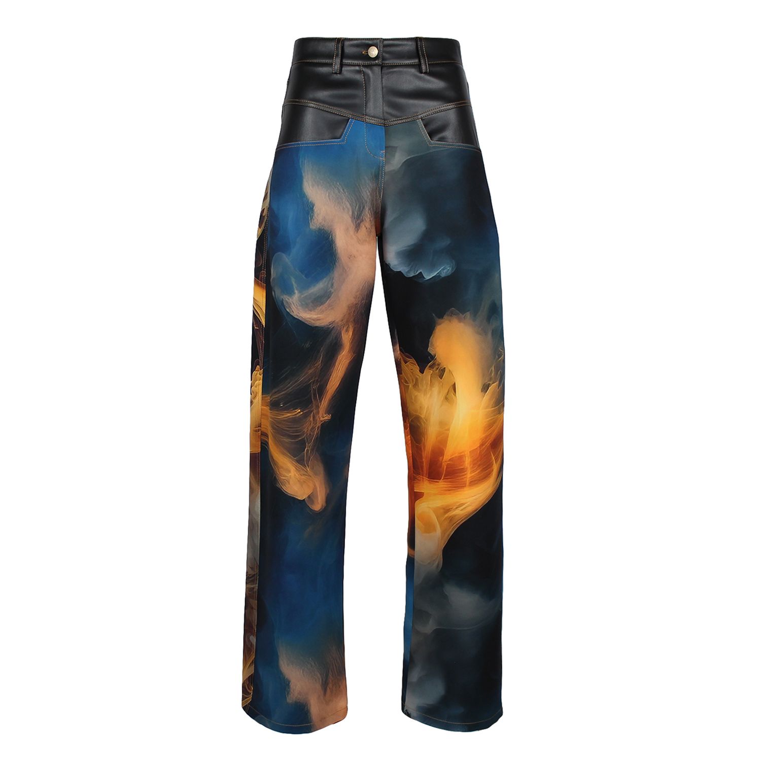 Lalipop Design Women's Black Wide-leg Pants With Vegan Leather Waist And Digital Flame Print