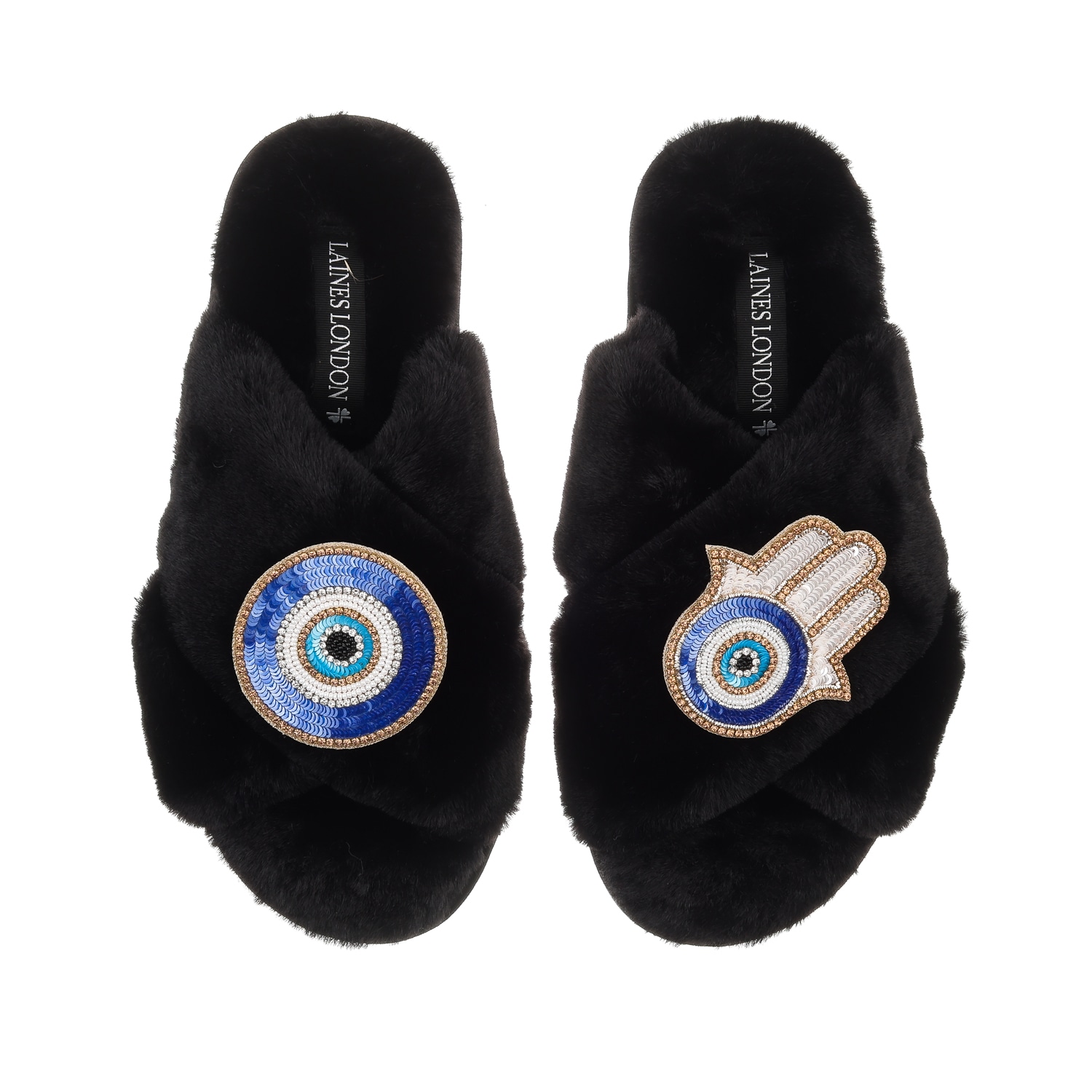Laines London Women's Classic Laines Slippers With Evil Eye & Hamsa Hand Brooches - Black In Black