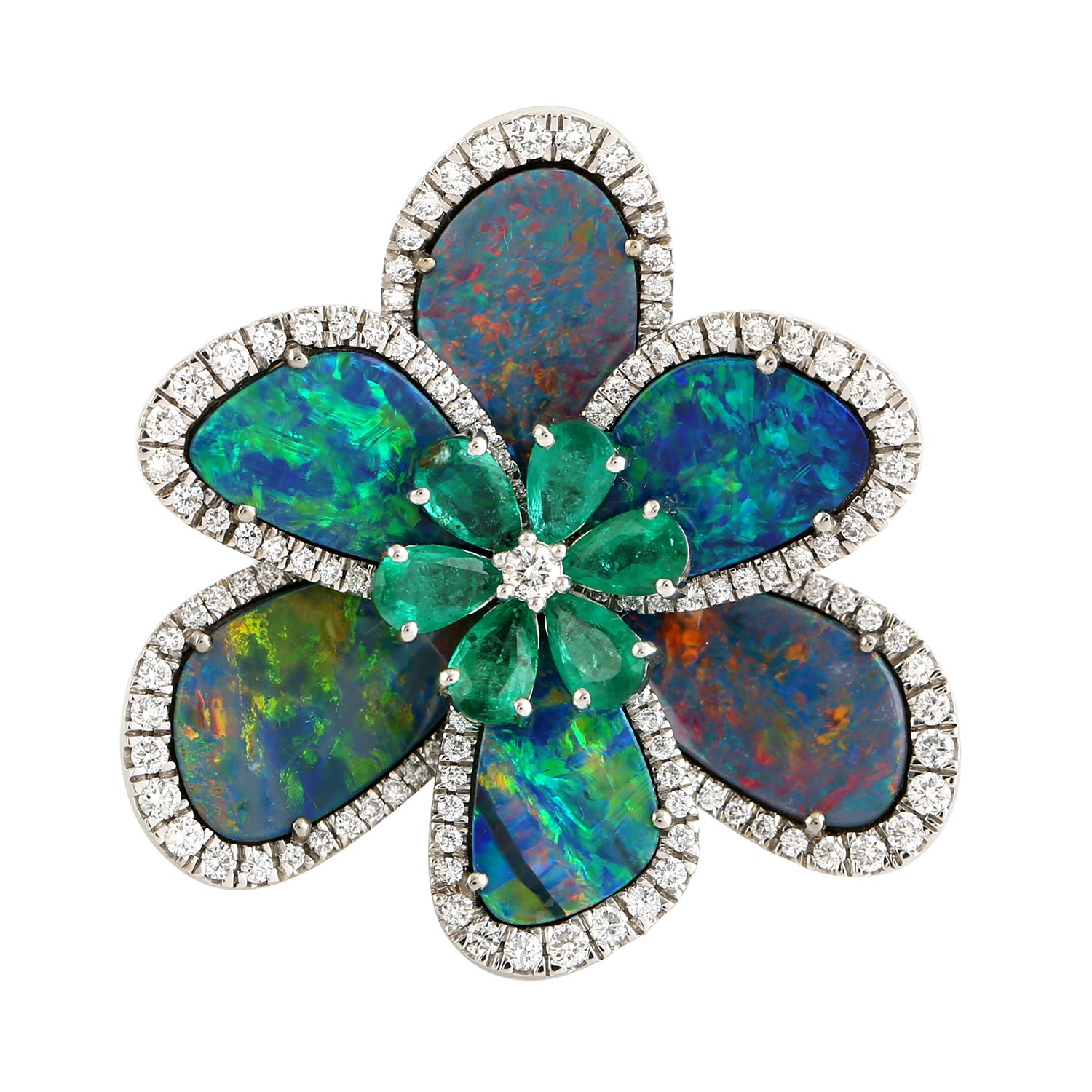 Women’s Green / White / Blue Pear Shape Opal Doublet & Emerald With Natural Diamond In 18K White Gold Designer Flower Ring Artisan