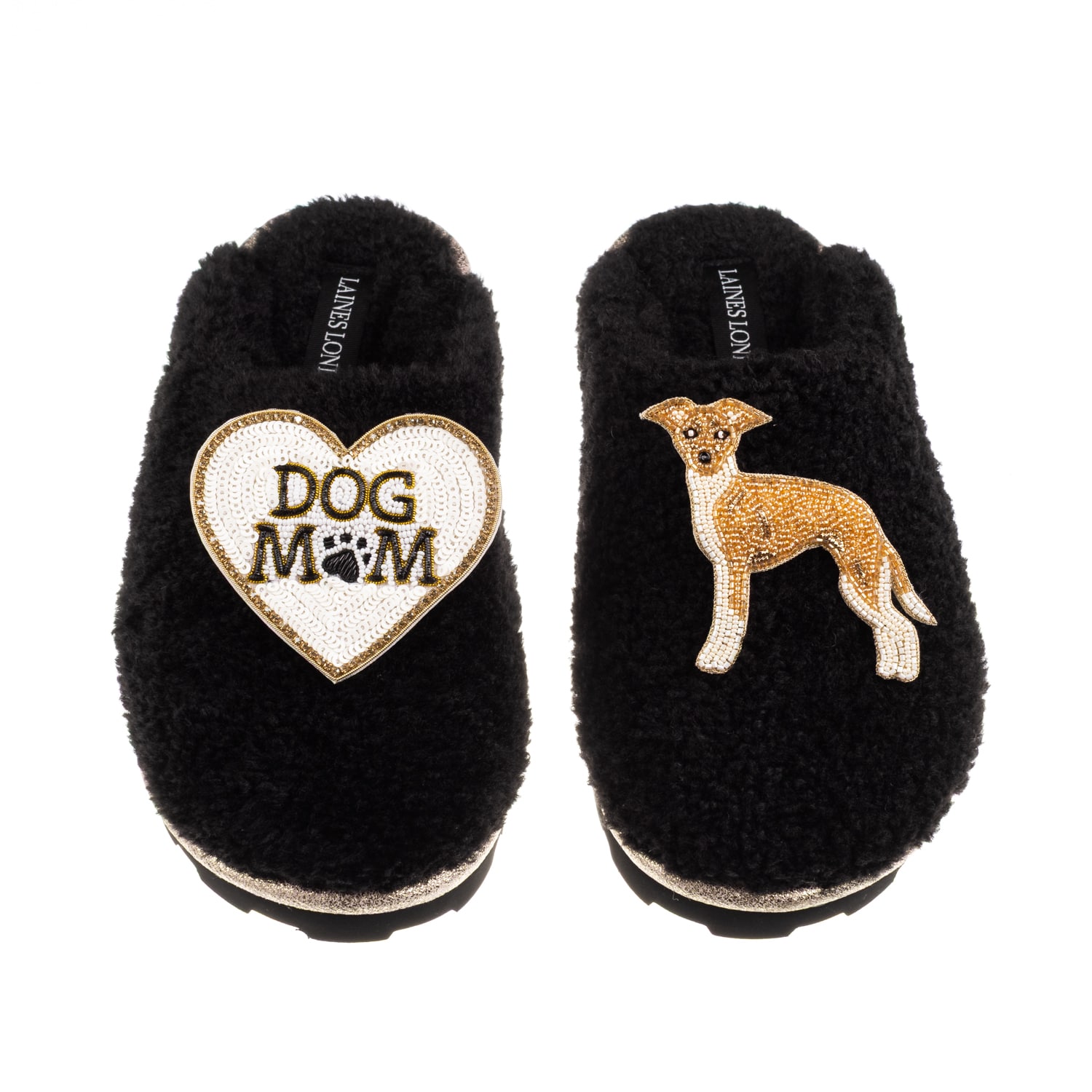 Laines London Women's Teddy Closed Toe Slippers With Dog Mum/mom & Fawn & White Greyhound Brooches - Black In Black