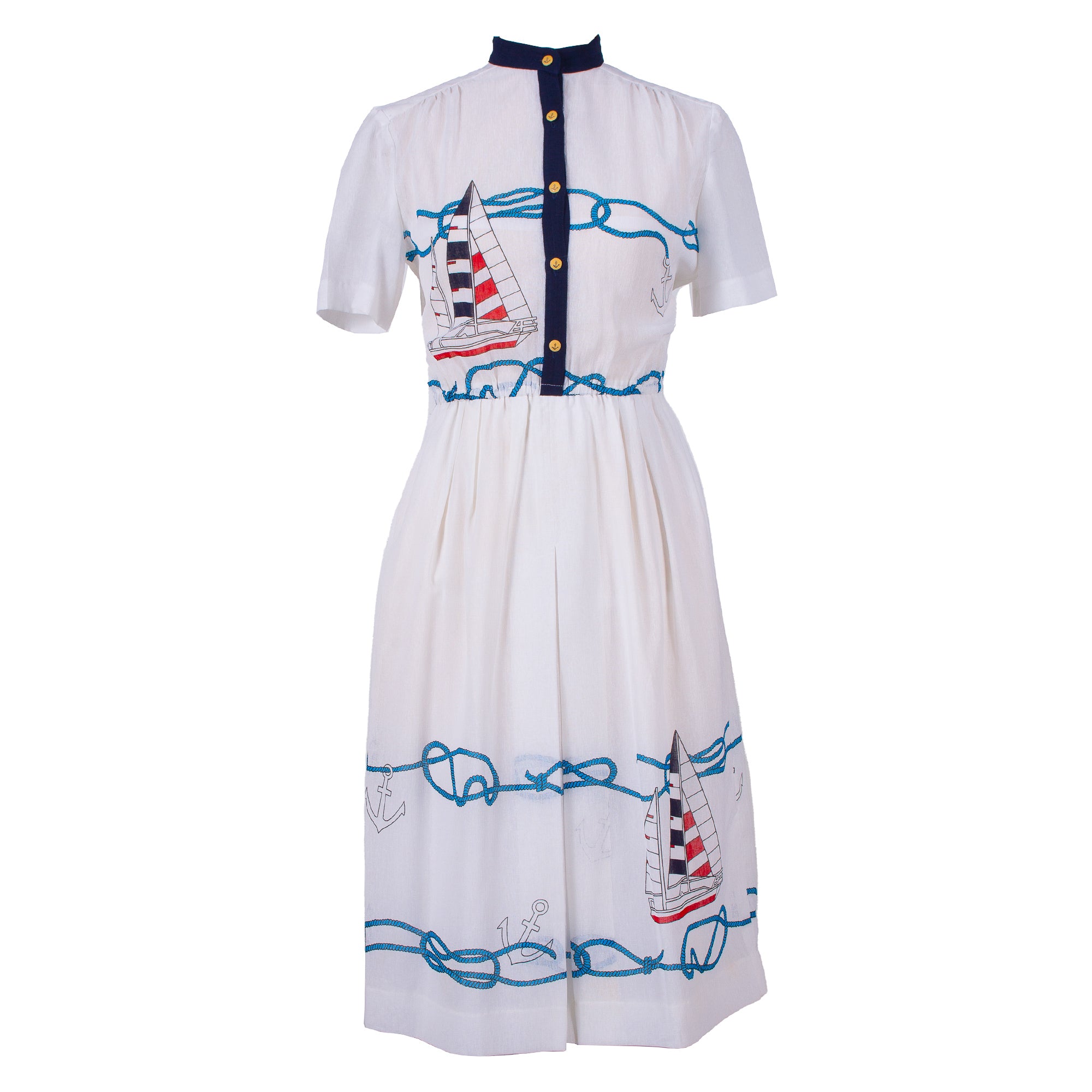 Women’s White Nautical Vintage Dress With Sailboat Print Small Sugar Cream Vintage