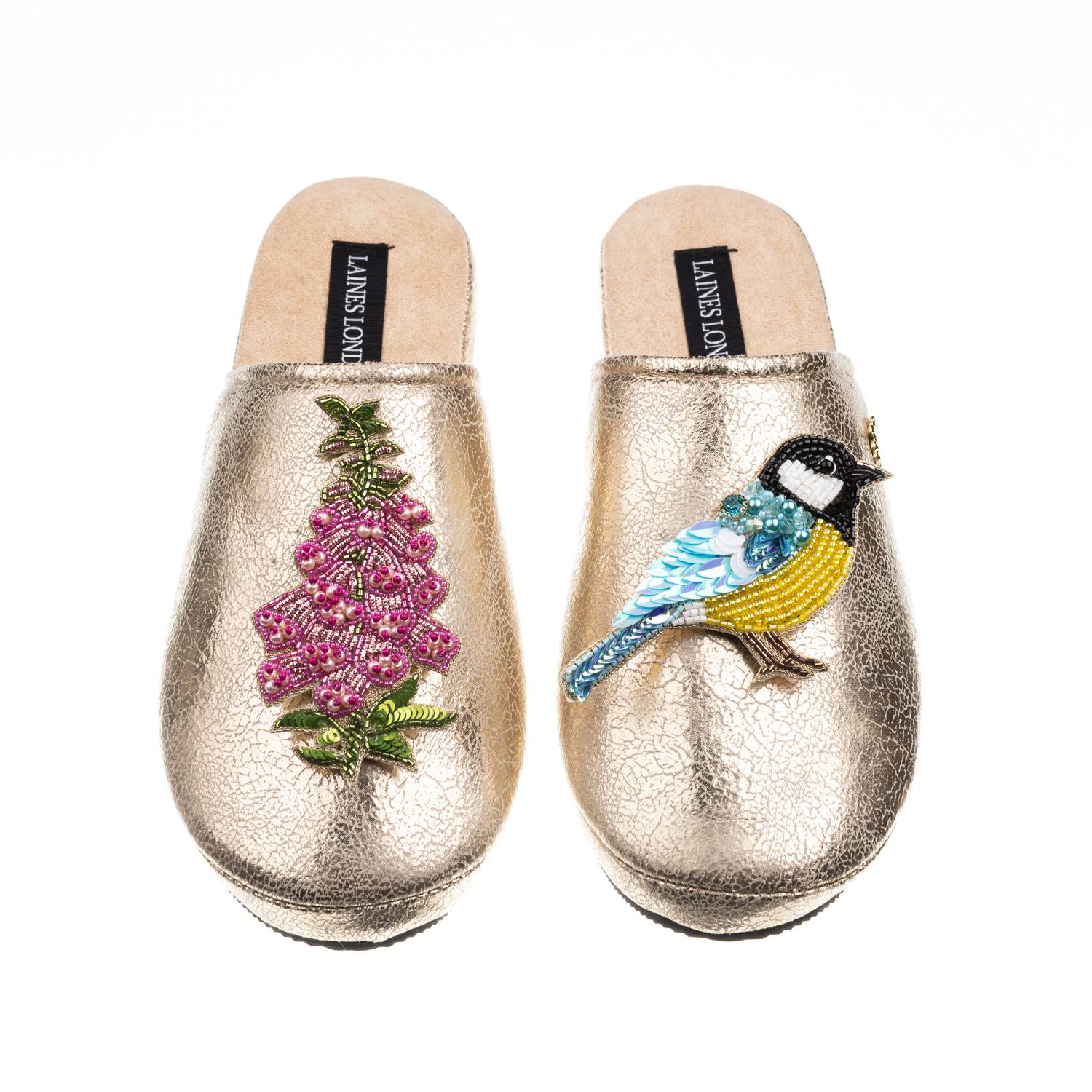Laines London Women's  Gold Softie Slipper With Pink Foxglove Flowers & Blue Tit Brooches In Gold