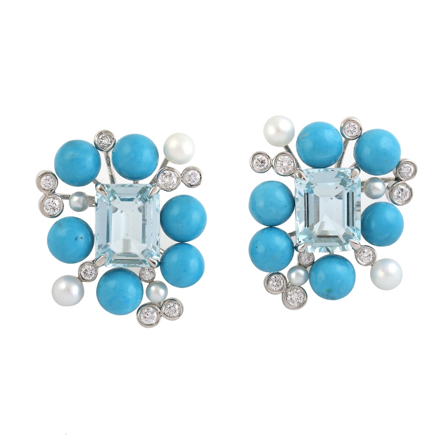 Artisan Women's White / Blue Statement Gemstone Cluster Earrings With Aquamarine, Turquoise & Pearls In Multi