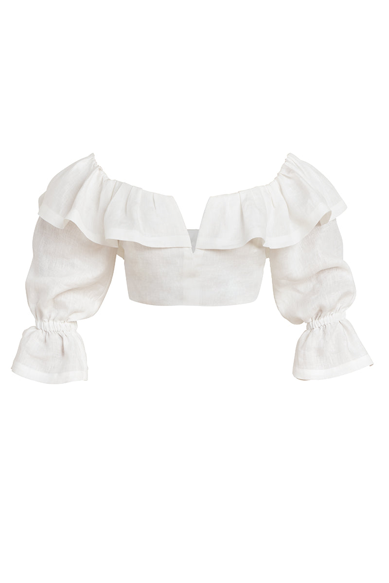 Women’s Linen Off Shoulder Frill Crop Top In White Small Clich Reborn