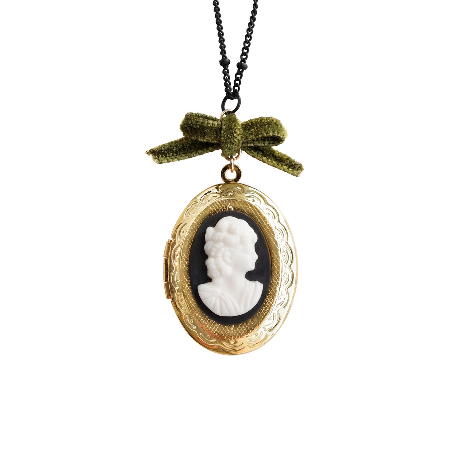 Women’s White / Black / Green Dark Romance Goddess Oval Porcelain Cameo Locket Necklace Poporcelain