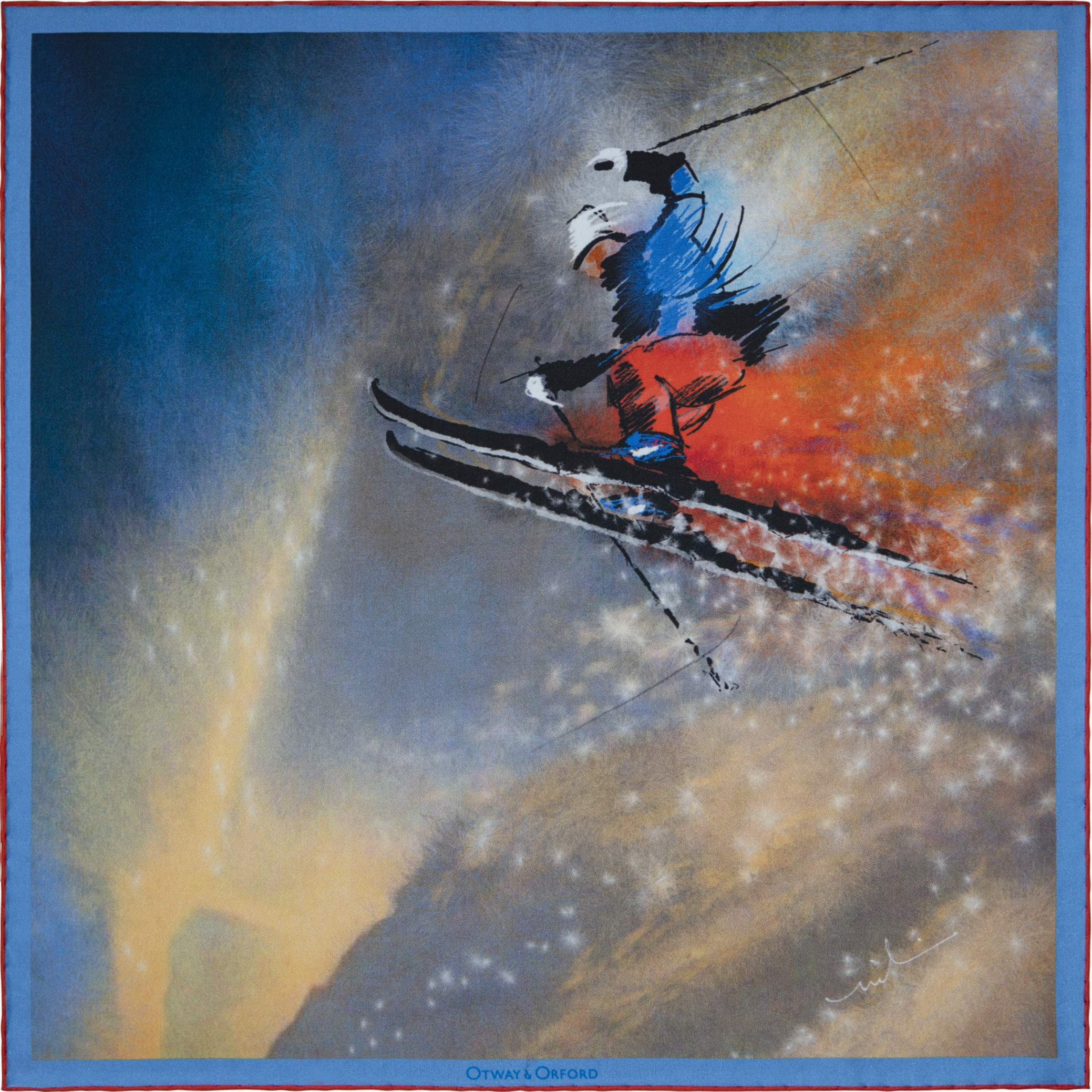 Men’s Red / Blue ’The Jump’ Skiing Silk Pocket Square. Full-Size. Otway & Orford