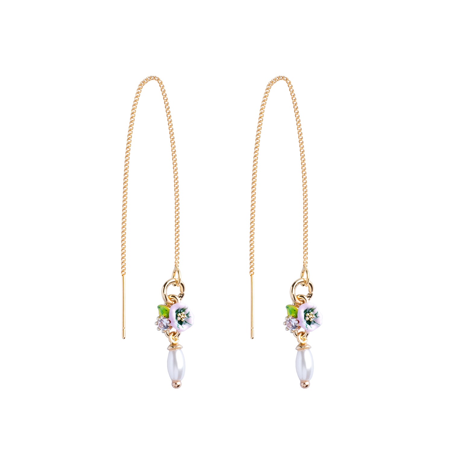 My Little Nature Women's White / Gold Gold Plated Threader Earringswwith Pink Delicate Flower And Pearl In Multi