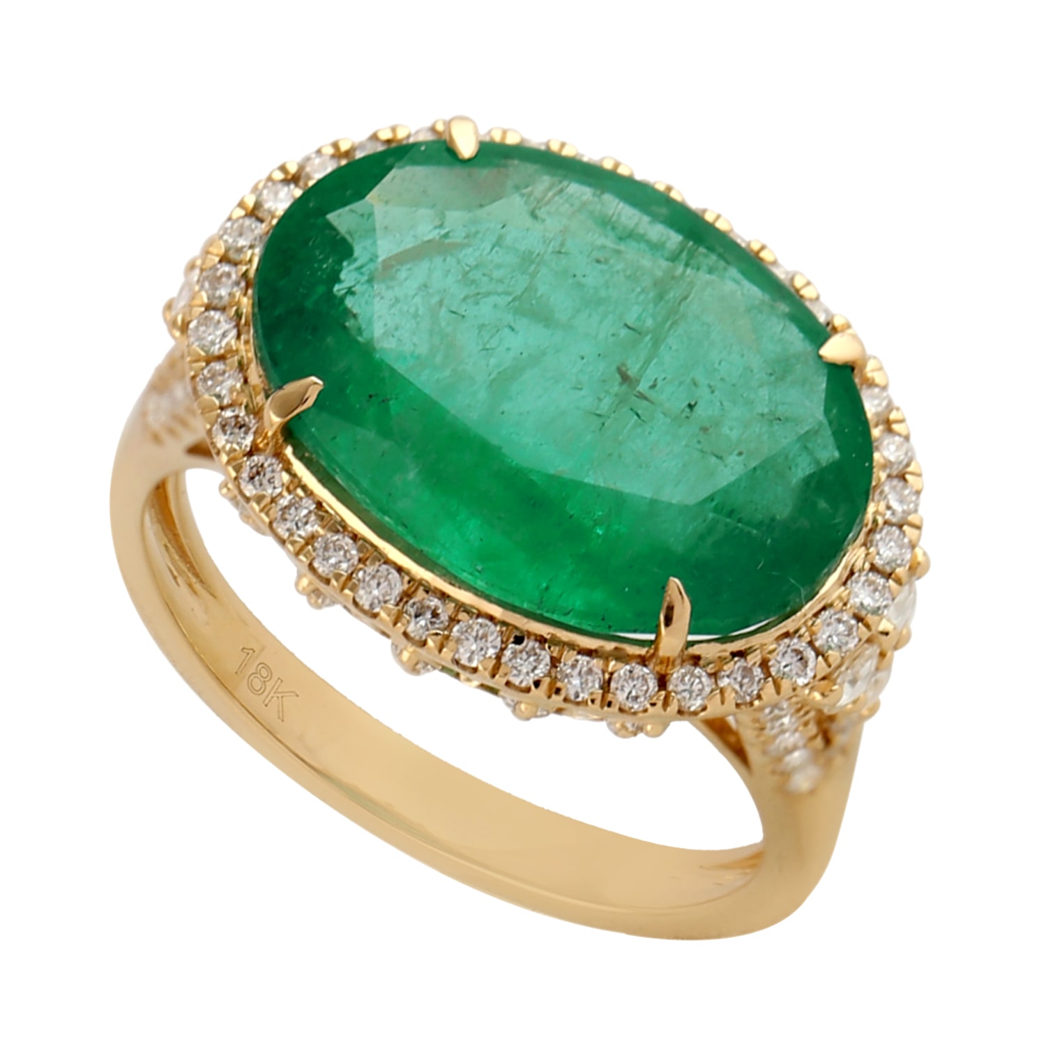 Women’s White / Green Natural Oval Emerald Diamond Cocktail Ring 18K Yellow Gold Artisan