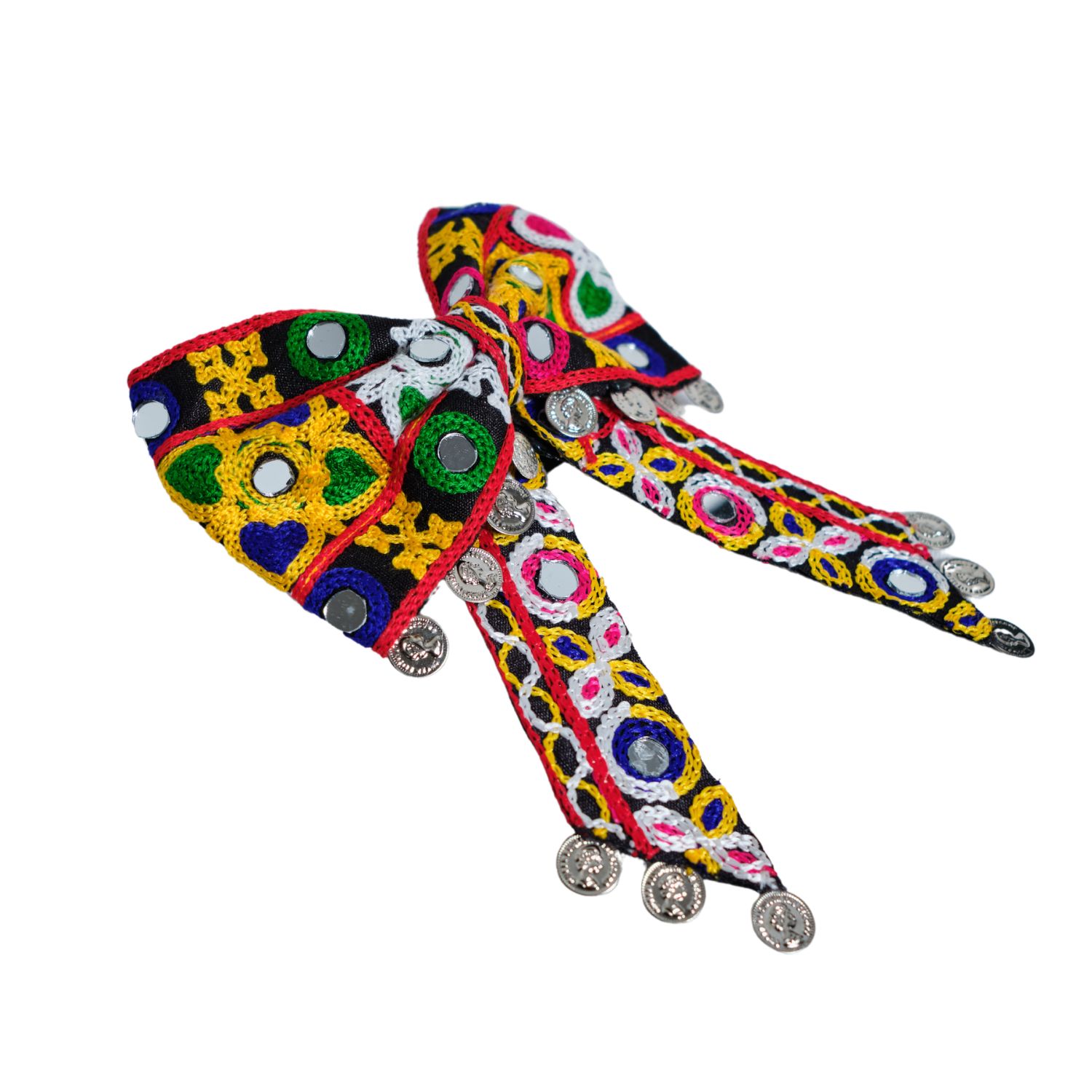 Nesavaali Women's Colourful Embroidered Hairbow Clip With Coin Detailing – Perfect For Festive Occasions In Blue/green/red/yellow