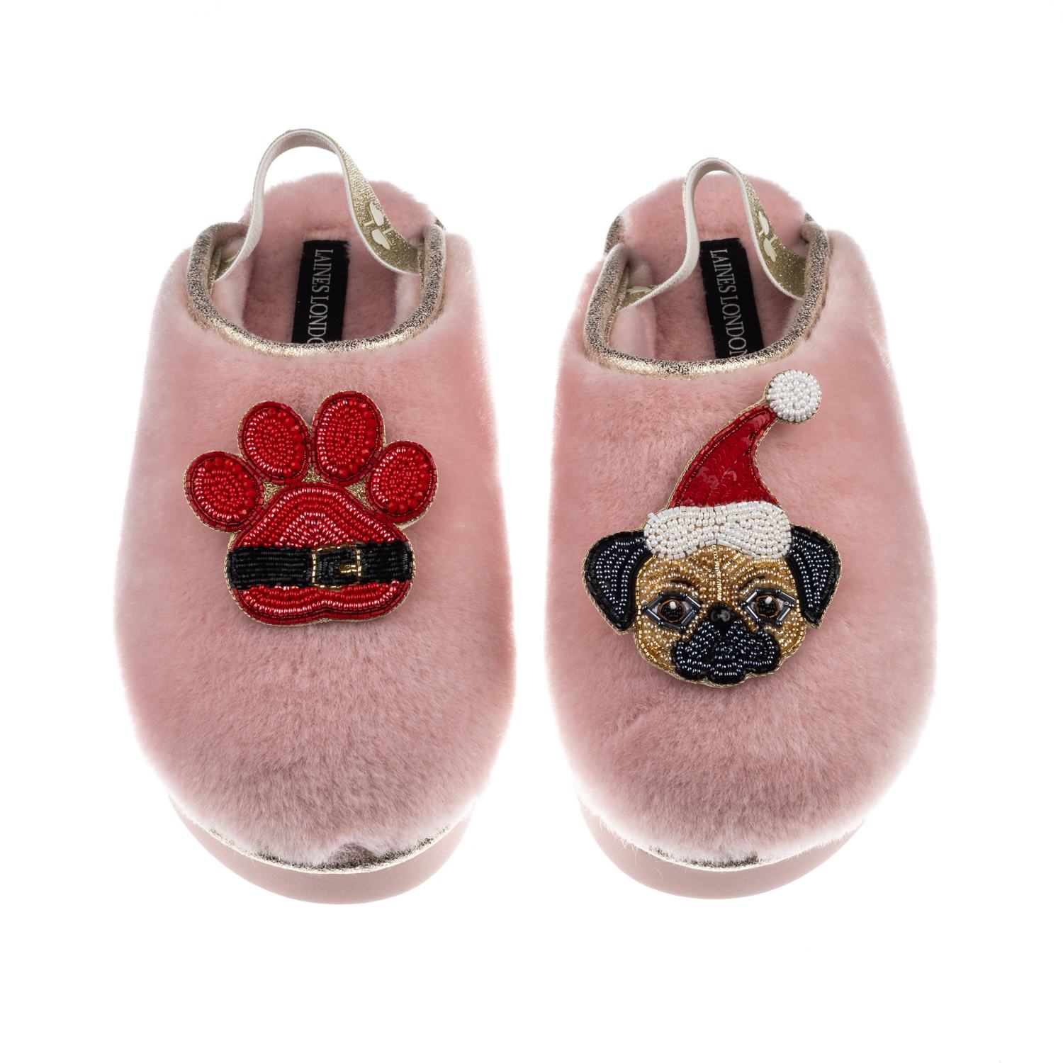 Laines London Women's Gold / Pink Flatform Cloud Slippers With Christmas Fawn Pug & Paw Brooches - Dusky Pink In Pink