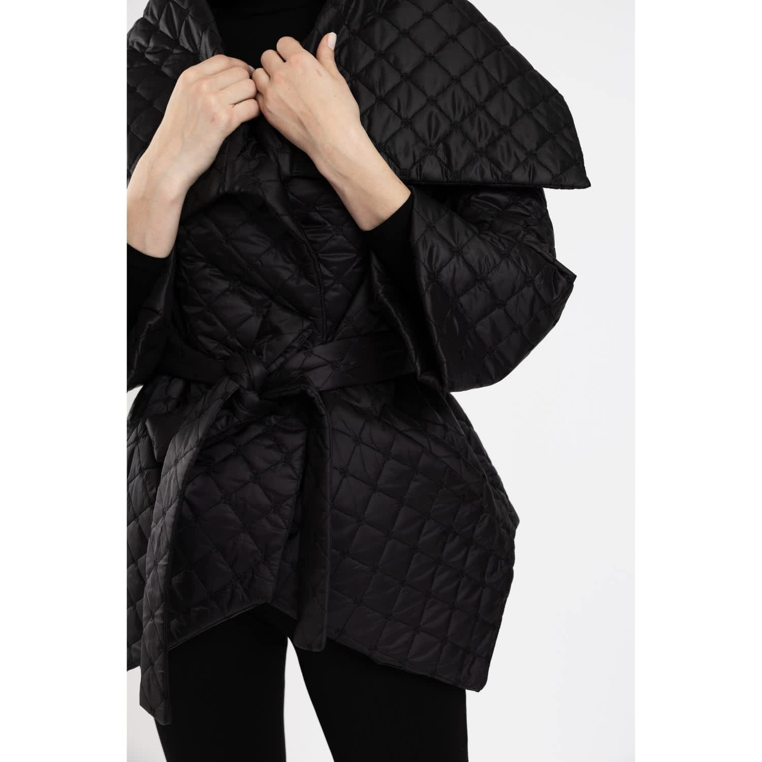 Asymmetrical Jacket In Black Quilted Fabric With Belt by IZABELA MANDOIU