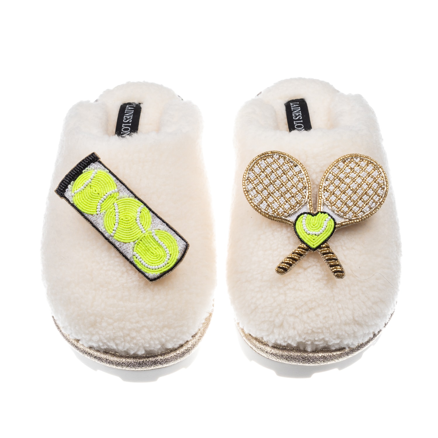 Laines London Women's White Teddy Closed Toe Slippers With Tennis Lover Brooches - Cream In White