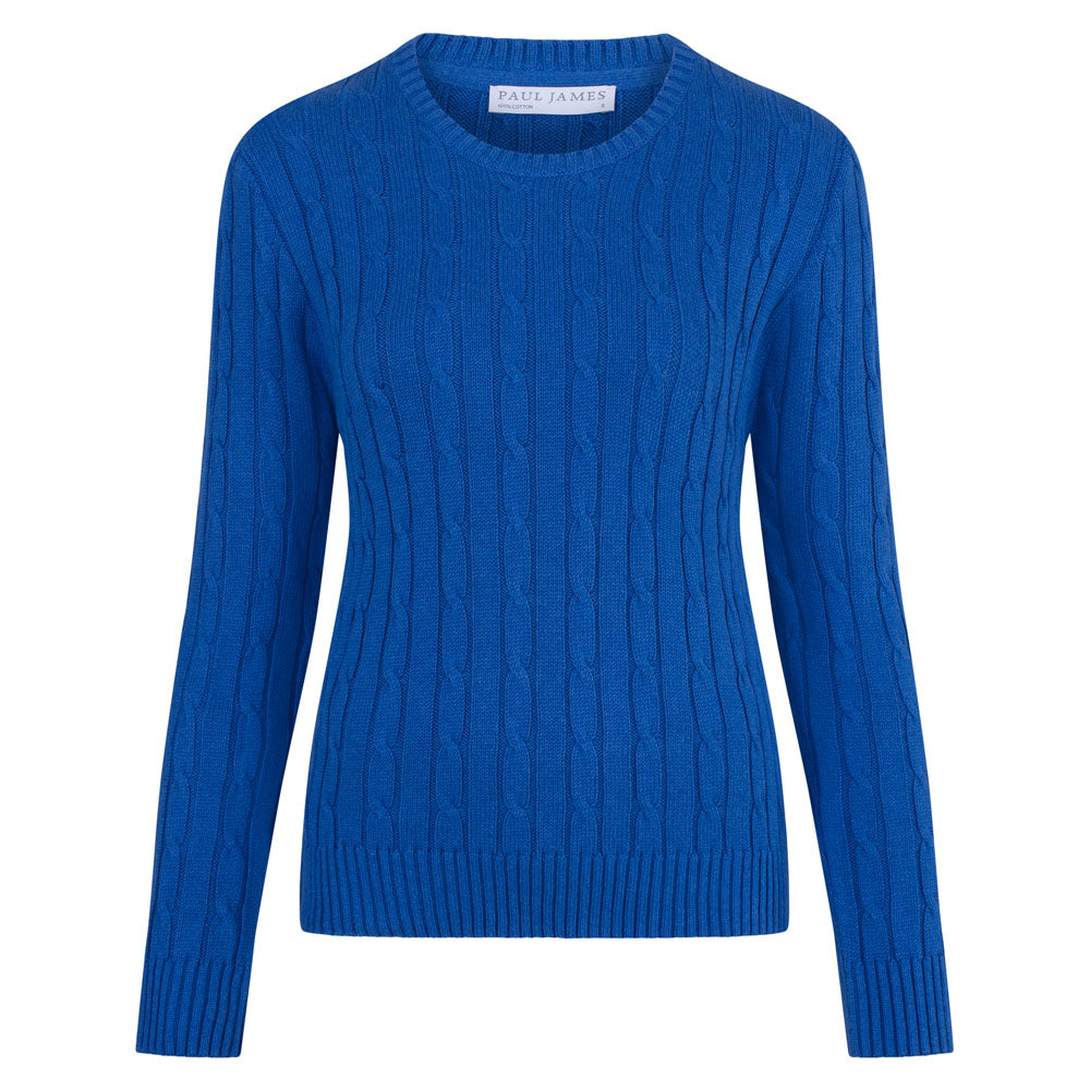 Womens Cotton Crew Neck Taylor Cable Jumper - Victoria Blue Large Paul James Knitwear