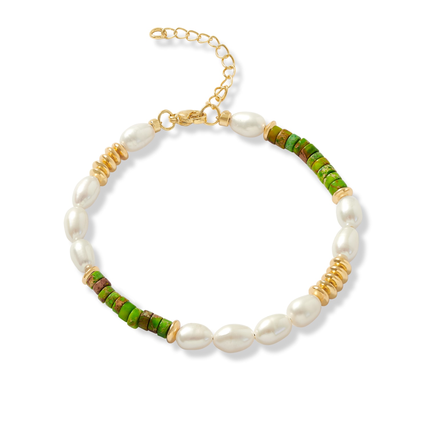 Pearls Of The Orient Online Women's Gold / Green / White Nova Oval Cultured Freshwater Pearls Bracelet With Green Jasper & Gold  In Multi