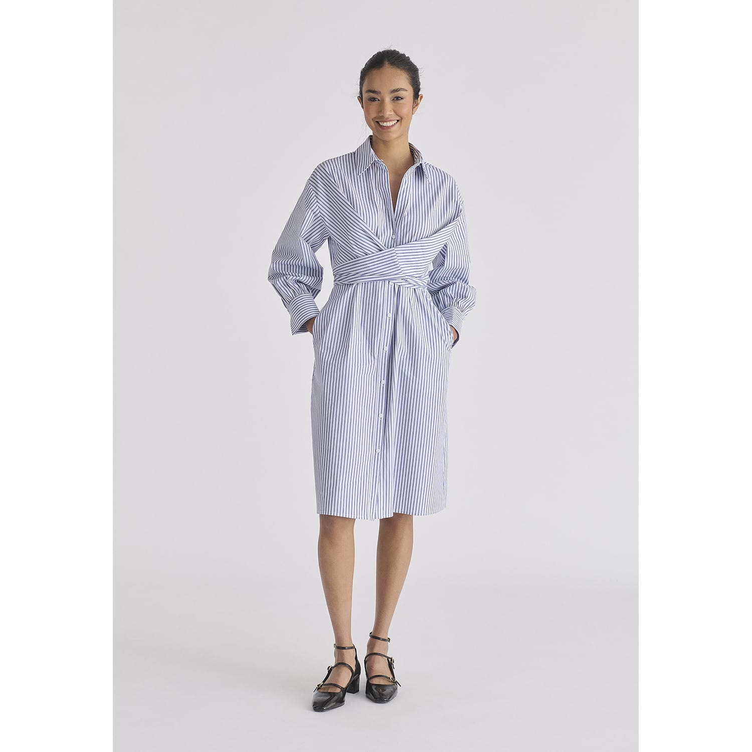 ワンピース Tie pleated shirt dress stripes Striped Shirt Dress With Waist Tie In White & Blue | PAISIE