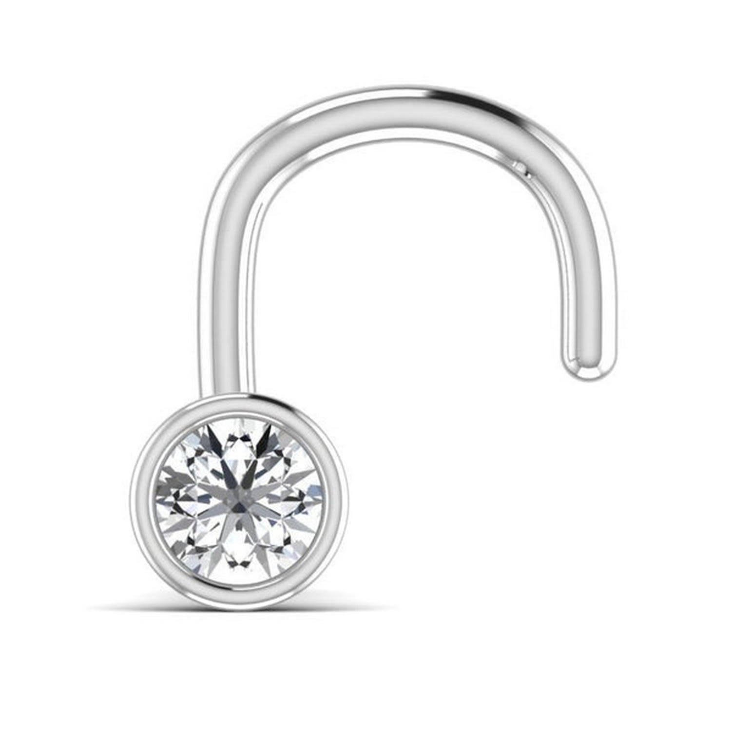 Cervin Blanc Women's White Gold Solitaire Diamond Nose Stud Pin Vs Piercing Bezel Set In White