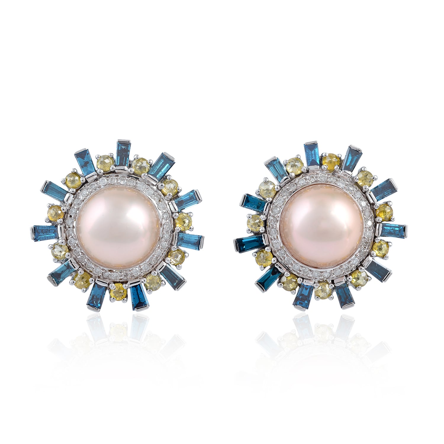 Artisan Women's White / Blue Pave Multicolor Diamond Stud Earrings With Pearl Center – White Gold Fine Jewel In Multi