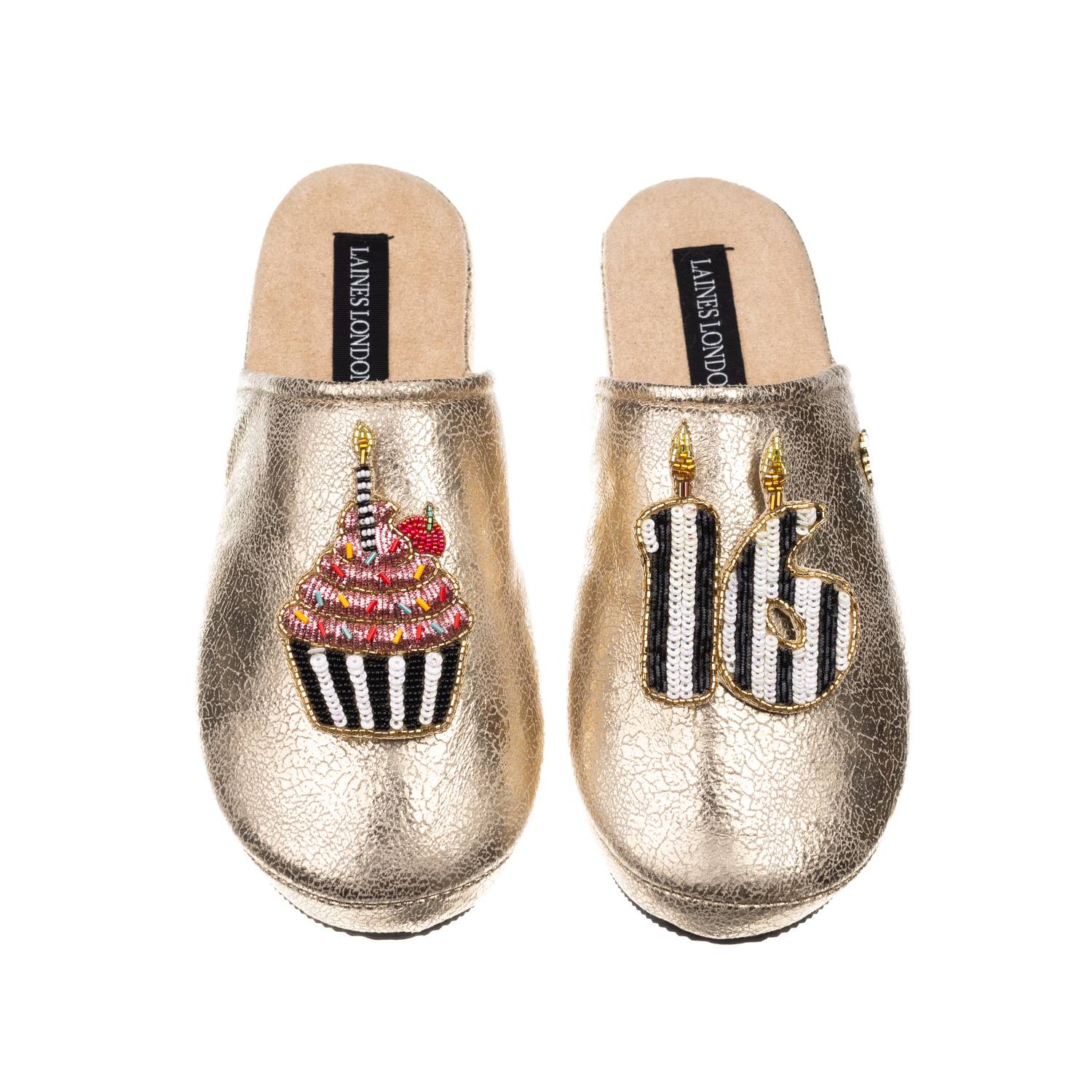 Laines London Women's Laines Gold Softie Slippers With Stripe 16th Birthday & Cake Brooches In Gold