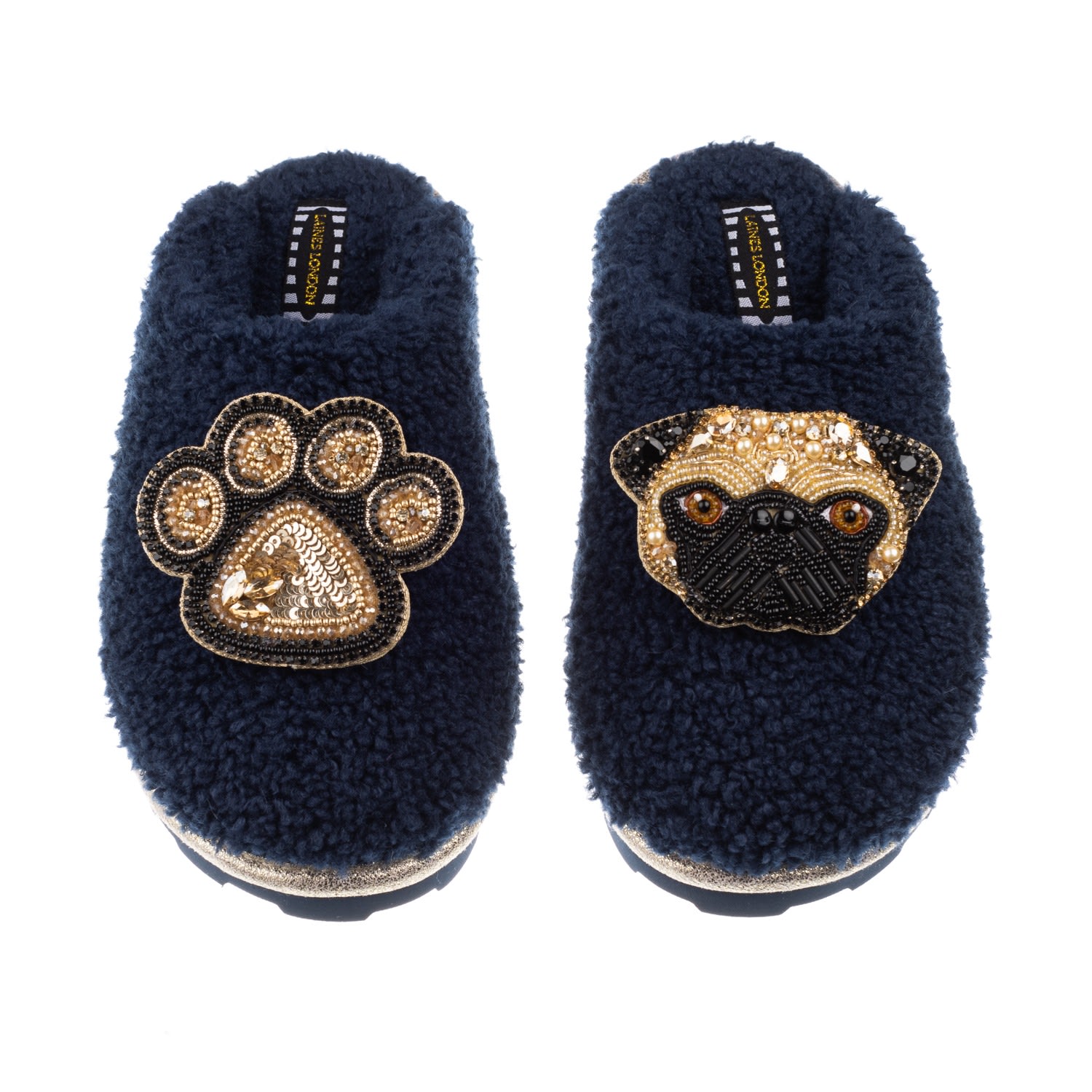 Women’s Blue Teddy Towelling Closed Toe Slippers With Franki & Paw Brooch - Navy Medium Laines London