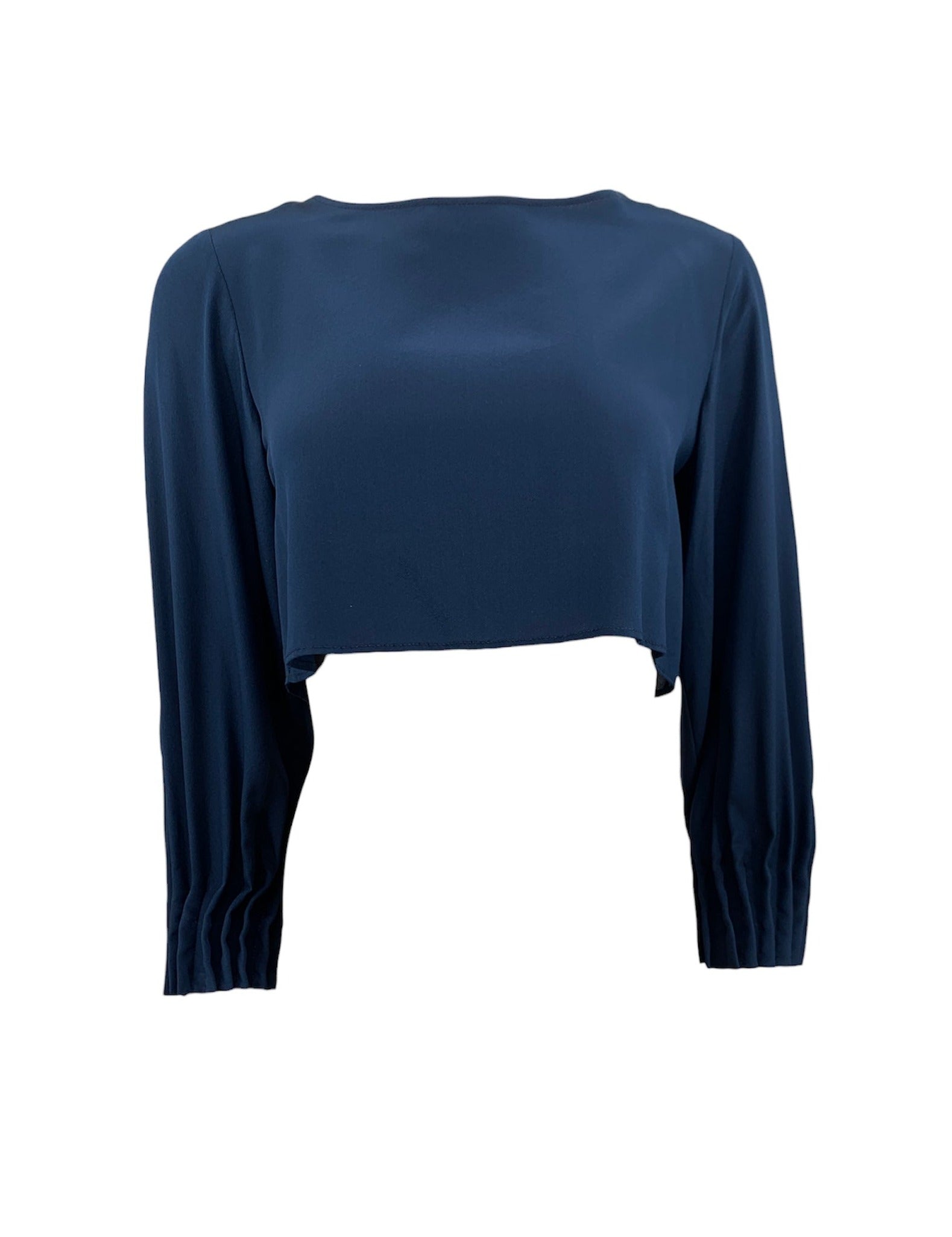 Monzlapur New York Women's Blue Cropped Silk Top With Pleated Cuffs & Crystals - Navy In Blue