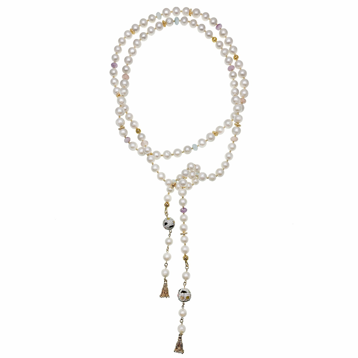 Farra Women's Multi-way Freshwater Pearls With Rhinestones Bordered Tourmaline Open Ended Long Necklace