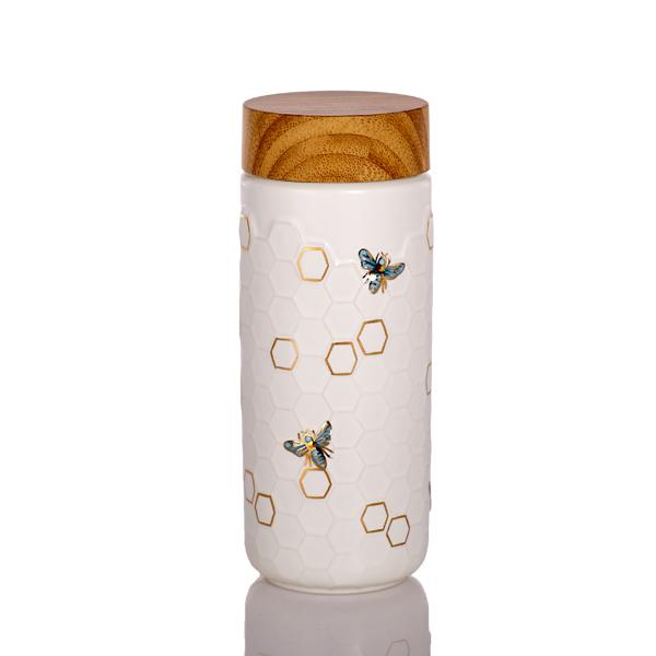 Gold / White Honey Bee Ceramic Travel Mug - White And Hand- Gold, Multicolour, White Acera