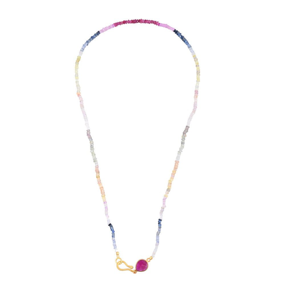 Opium Jewels Women's Red / Gold Faceted Multi Sapphire Strand With A Raw Cut Ruby Clasp