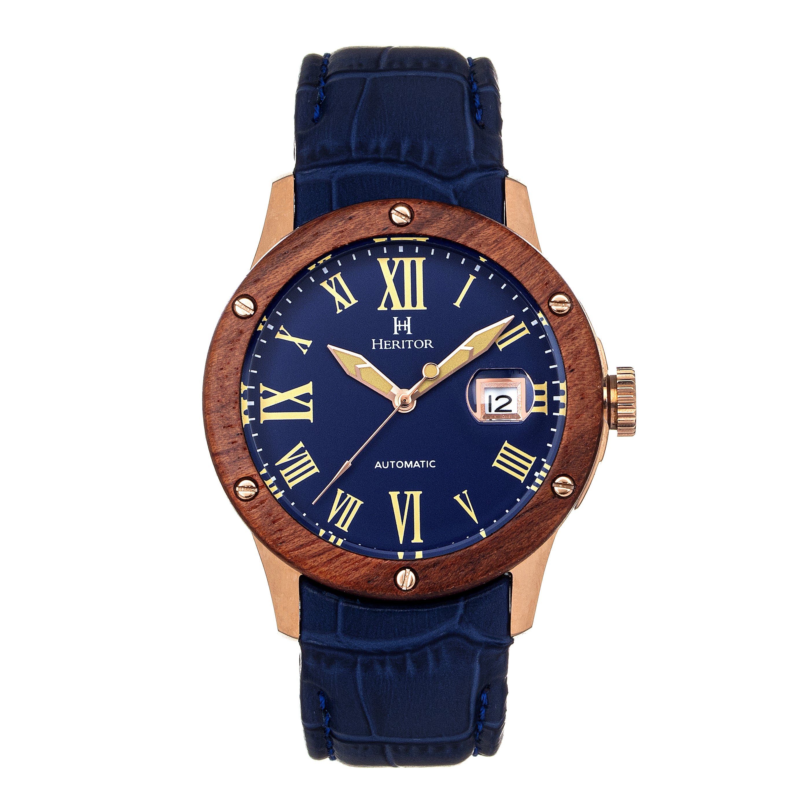 Heritor Automatic Men's Blue / Rose Gold Everest Wooden-bezel Leather-band Watch With Magnified Date - Blue, Rose Gold In Blue/rose Gold