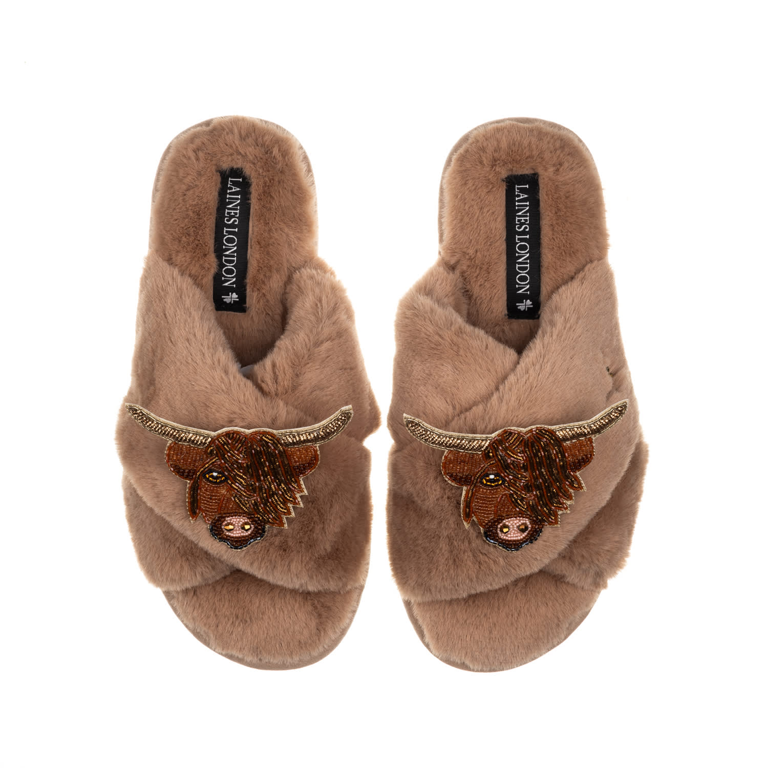 Laines London Women's Brown Classic Laines Slippers With Double Highland Cow Brooches - Toffee In Brown