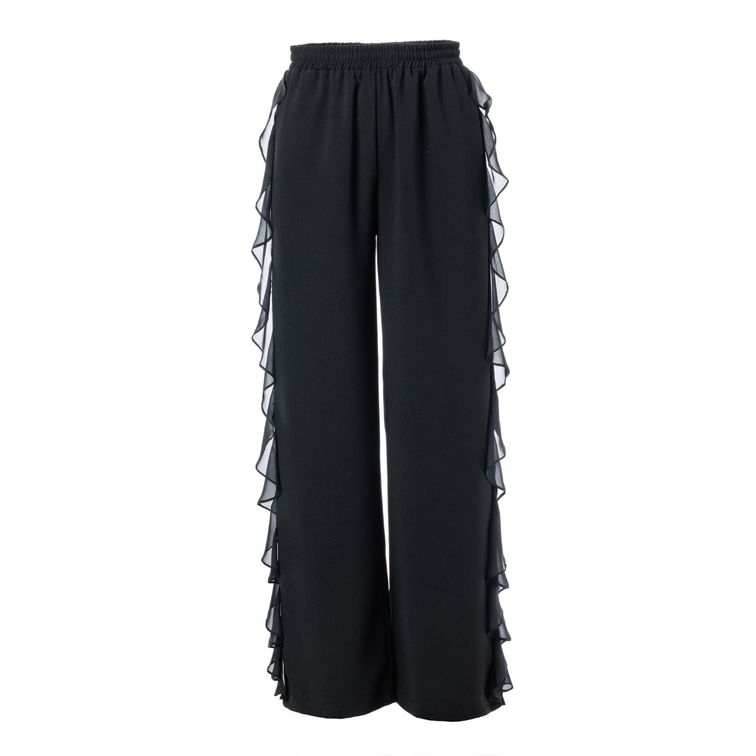 CONCEPT A TROIS WOMEN'S BLACK WIDE LEG TROUSERS WITH RUFFLES