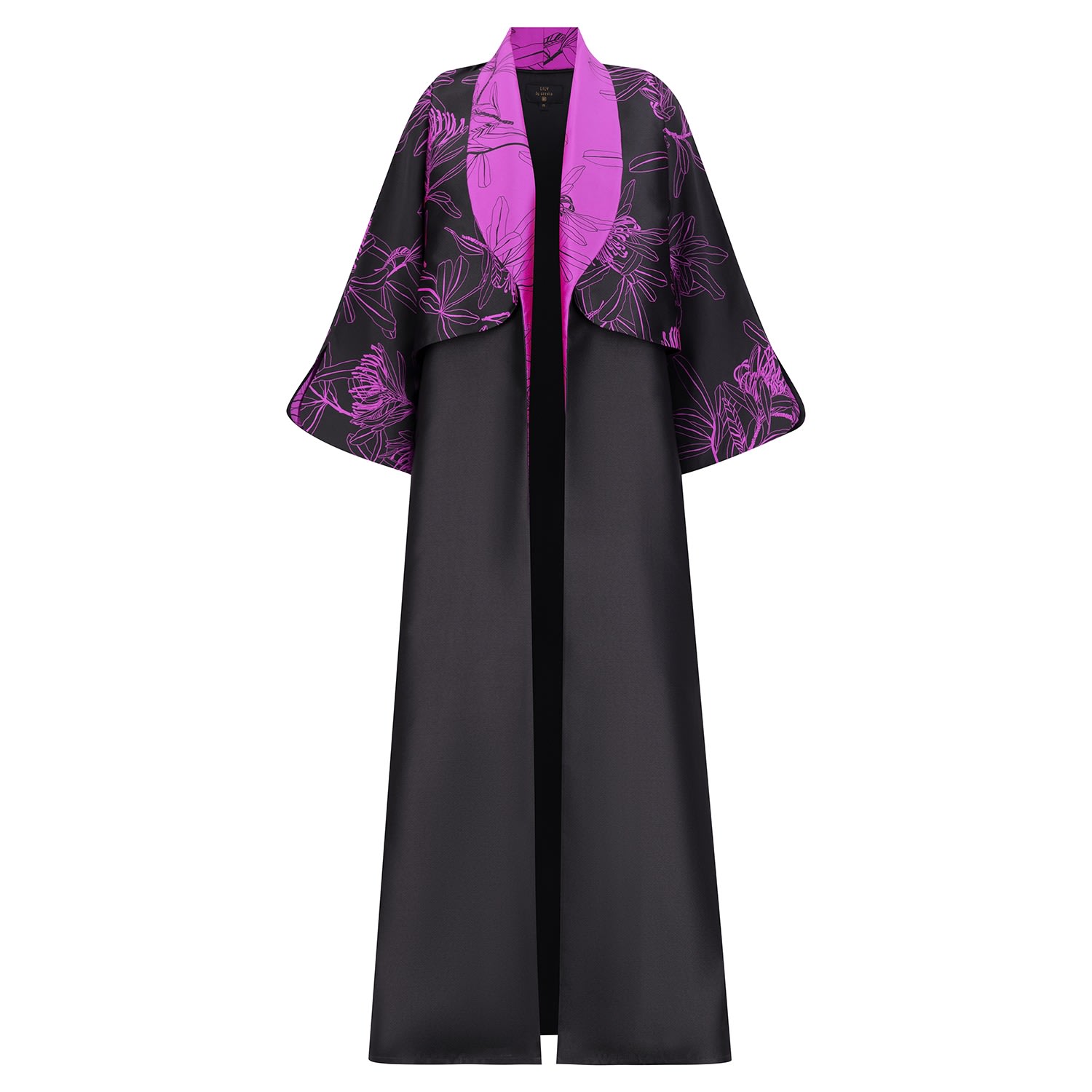Azzalia Women's Mikado Abaya With Curved Lapel And Printed Jacquard Overlapping Panels - Black In Black