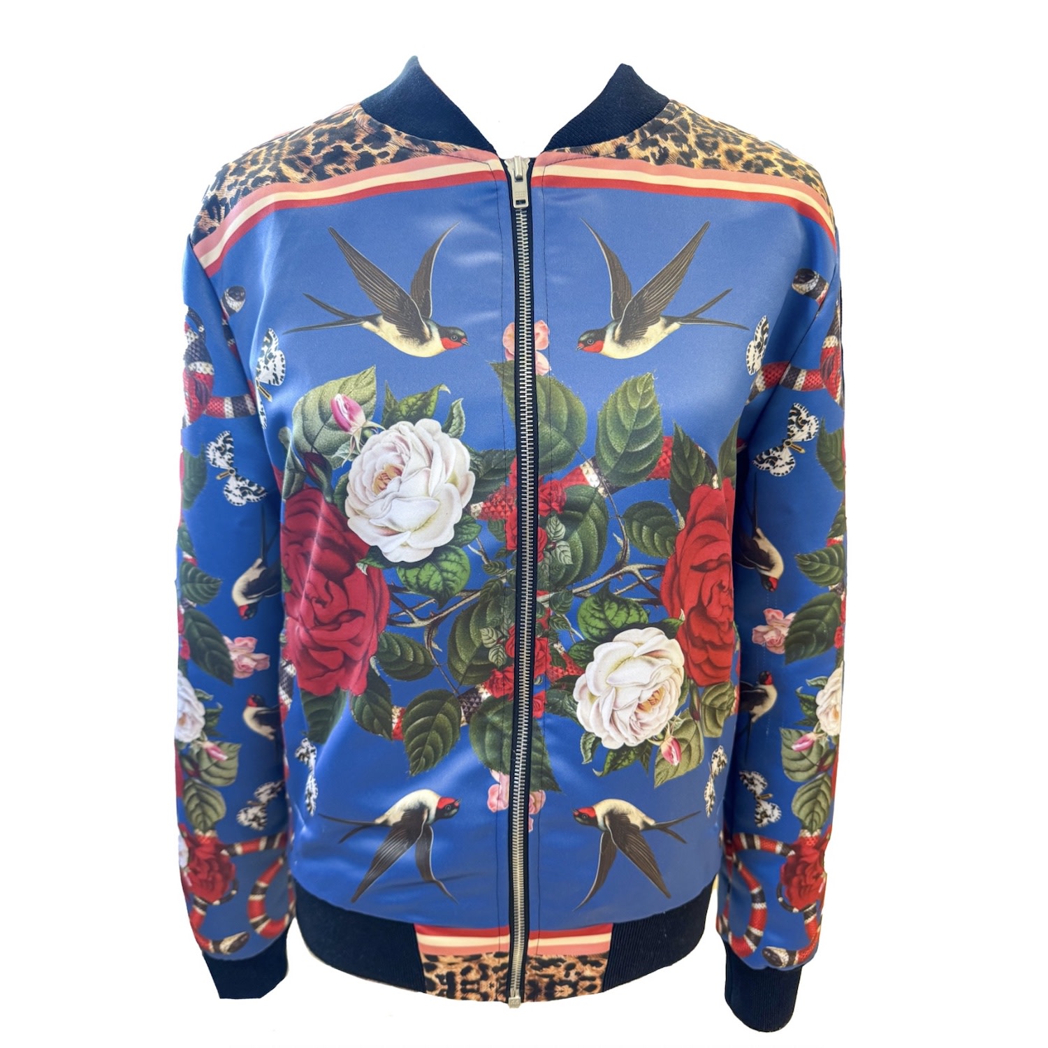 Blue Rock ’N’ Roses Women’s Satin Bomber Jacket - Admiral Large Myrtle & Mary