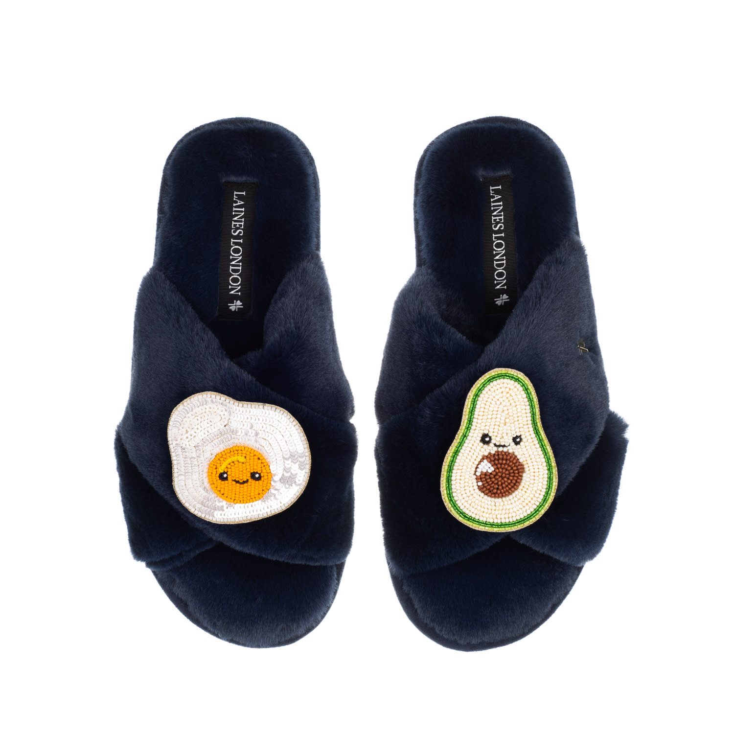 Laines London Women's Blue Classic Slippers With Laines Loveables Egg & Avocado Brooches - Navy In Blue
