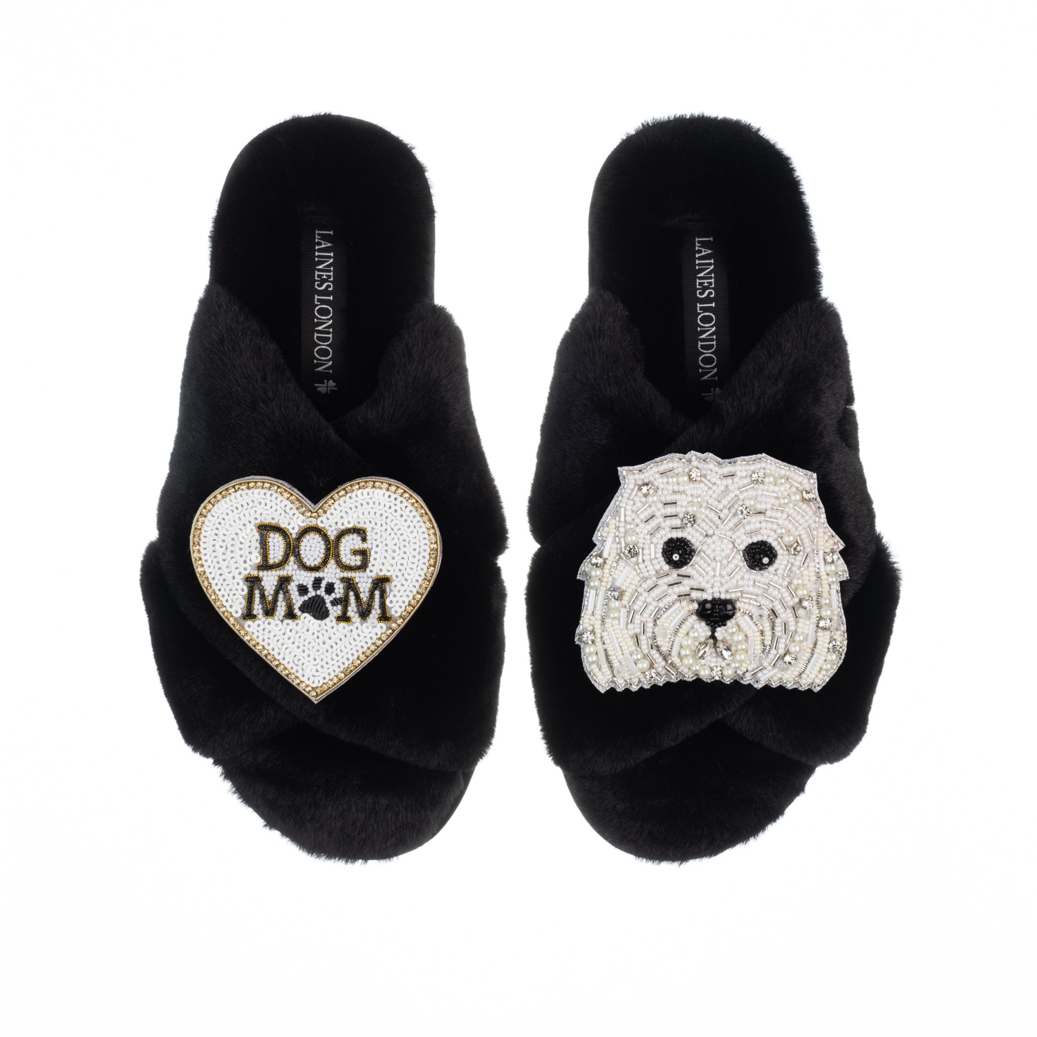 Women’s Classic Laines Slippers With Queenie & Dog Mum / Mom Brooches - Black Medium Laines London