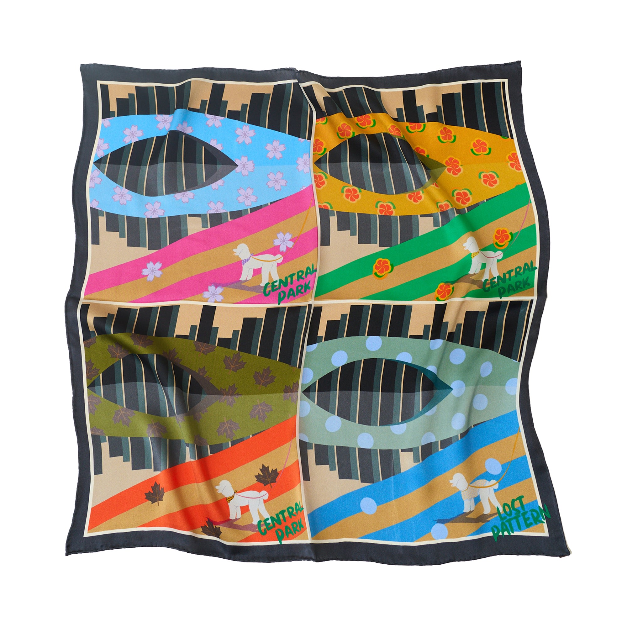 Women’s "Seasons In The Park" Silk Scarf Black Lost Pattern Nyc