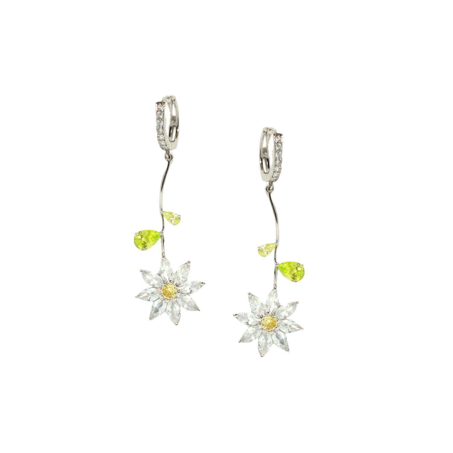 I'mmany London Women's White Garden Tales Crystal Daisy Drop Earring With Pave Hoops - Clear