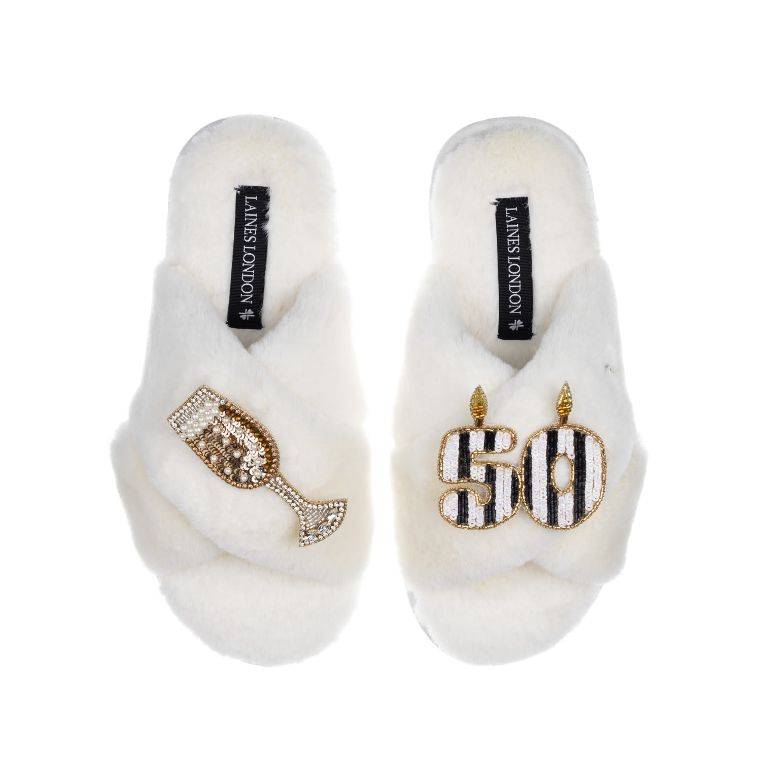 Laines London Women's White Classic Laines Slippers With Stripe 50th Birthday & Glass Of Champagne Brooches - Crea In White
