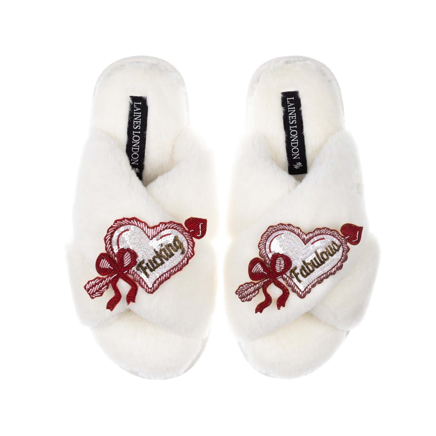 Women's Neutrals / White Classic Laines Slippers With Fucking Fabulous Hearts Brooches - Cream | Extra Large | Laines London