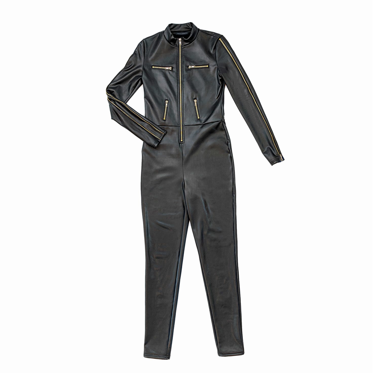 Circular Path Women's Black Vegan Leather Zipper Jumpsuit - Tall In Black