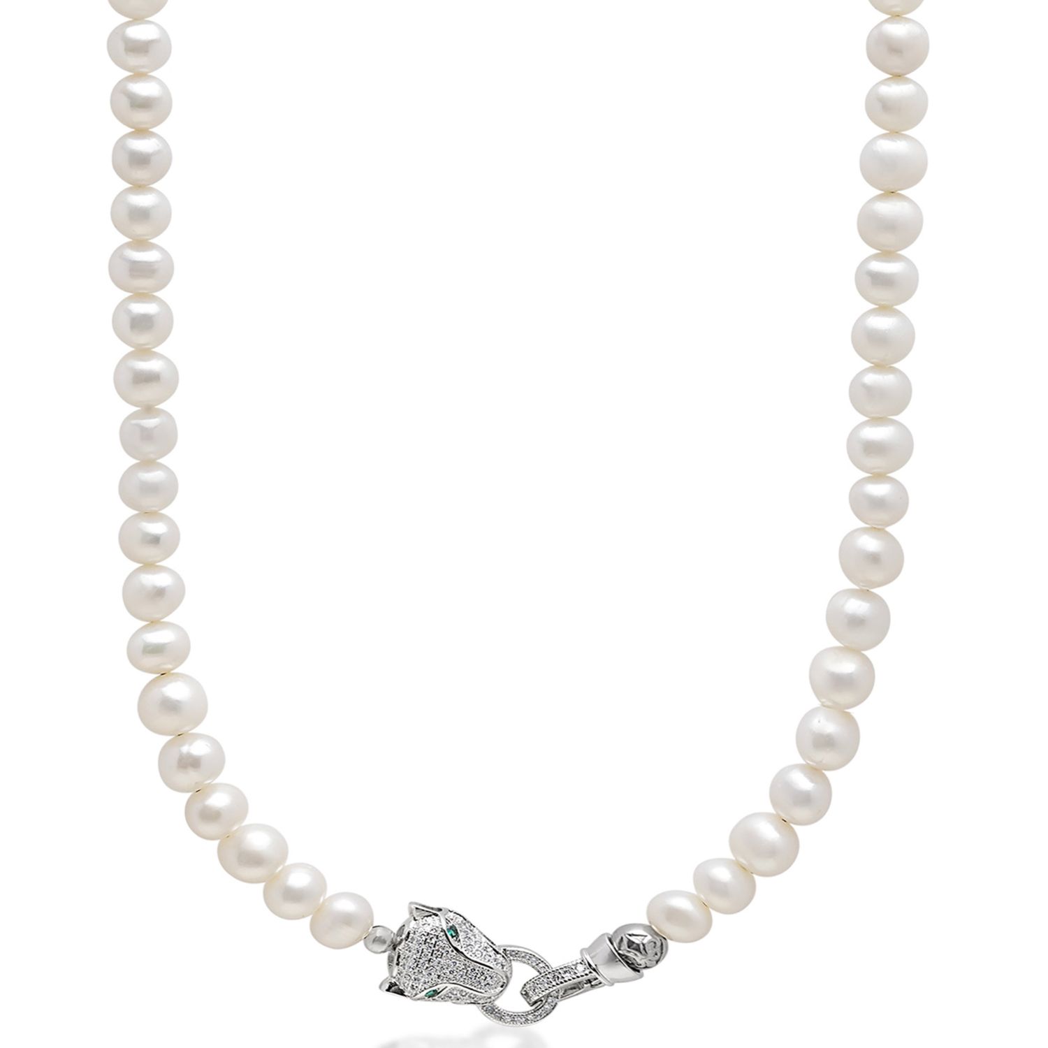 Nialaya Men's White Pearl Necklace With Silver Panther Head Lock