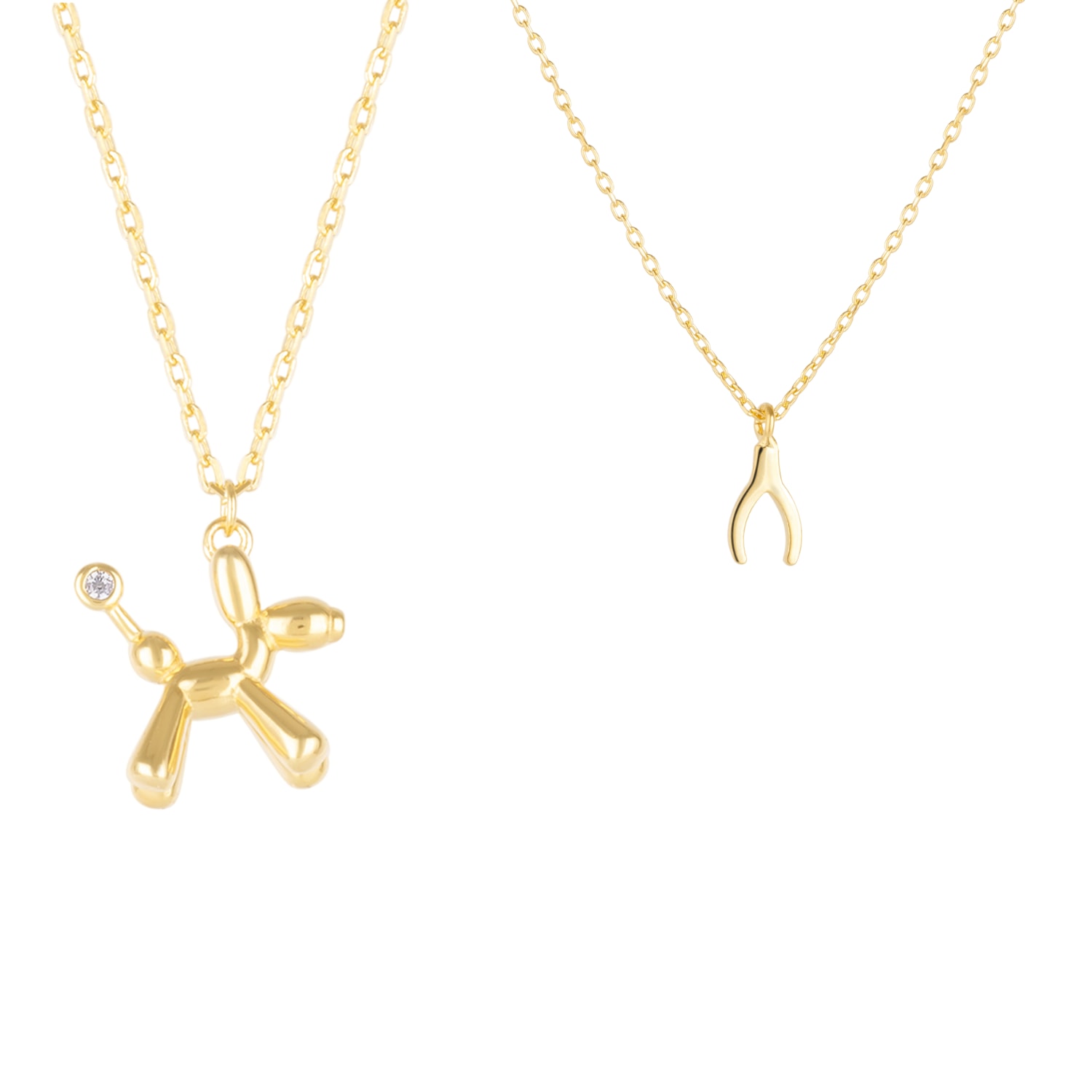 Spero London Women's Balloon Dog Poodle & Wishbone Necklace Layering Set In Sterling Silver - Gold In Gold
