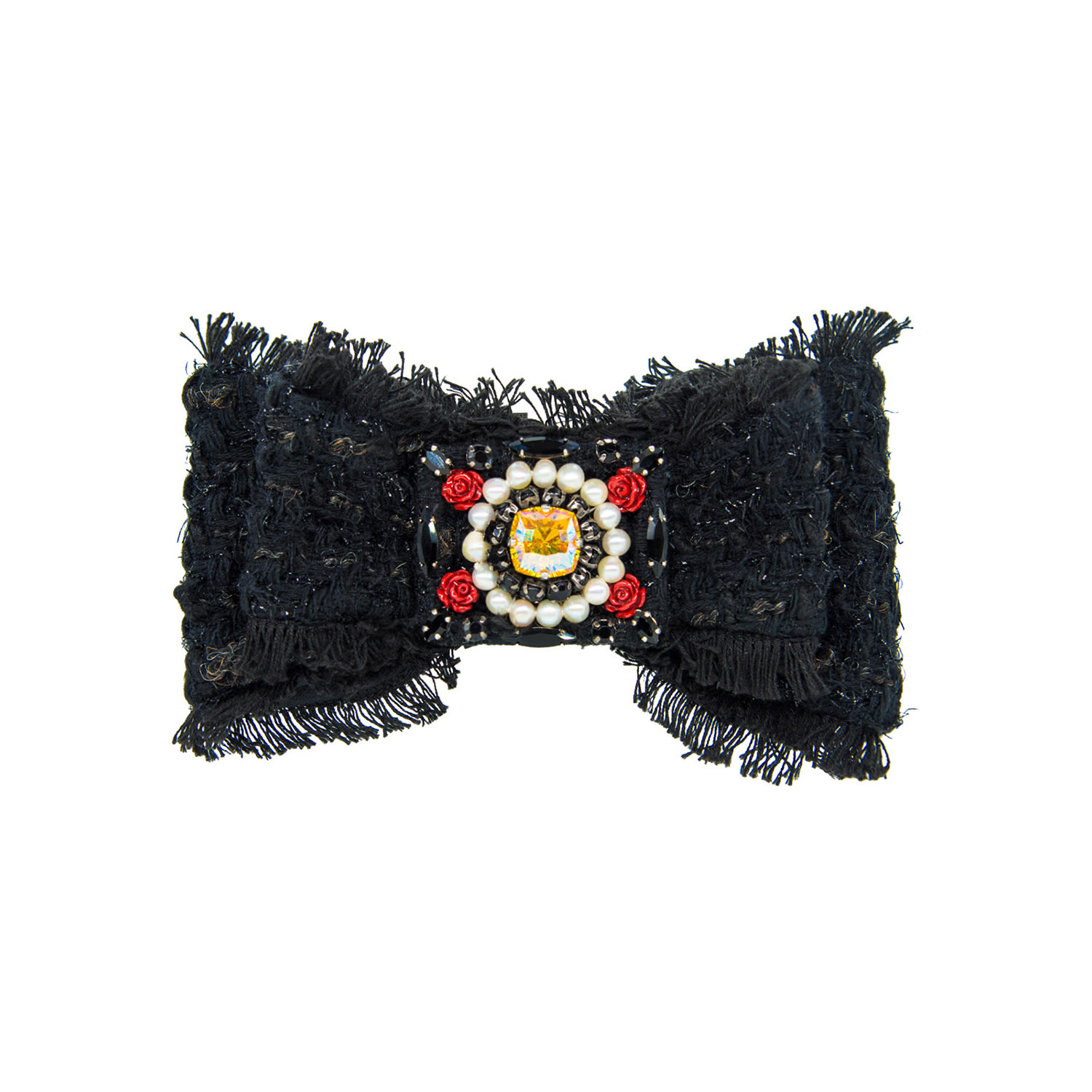 Rua & Rua Women's Black Bouclé Tweed Bow Brooch With Pearls And Crystals