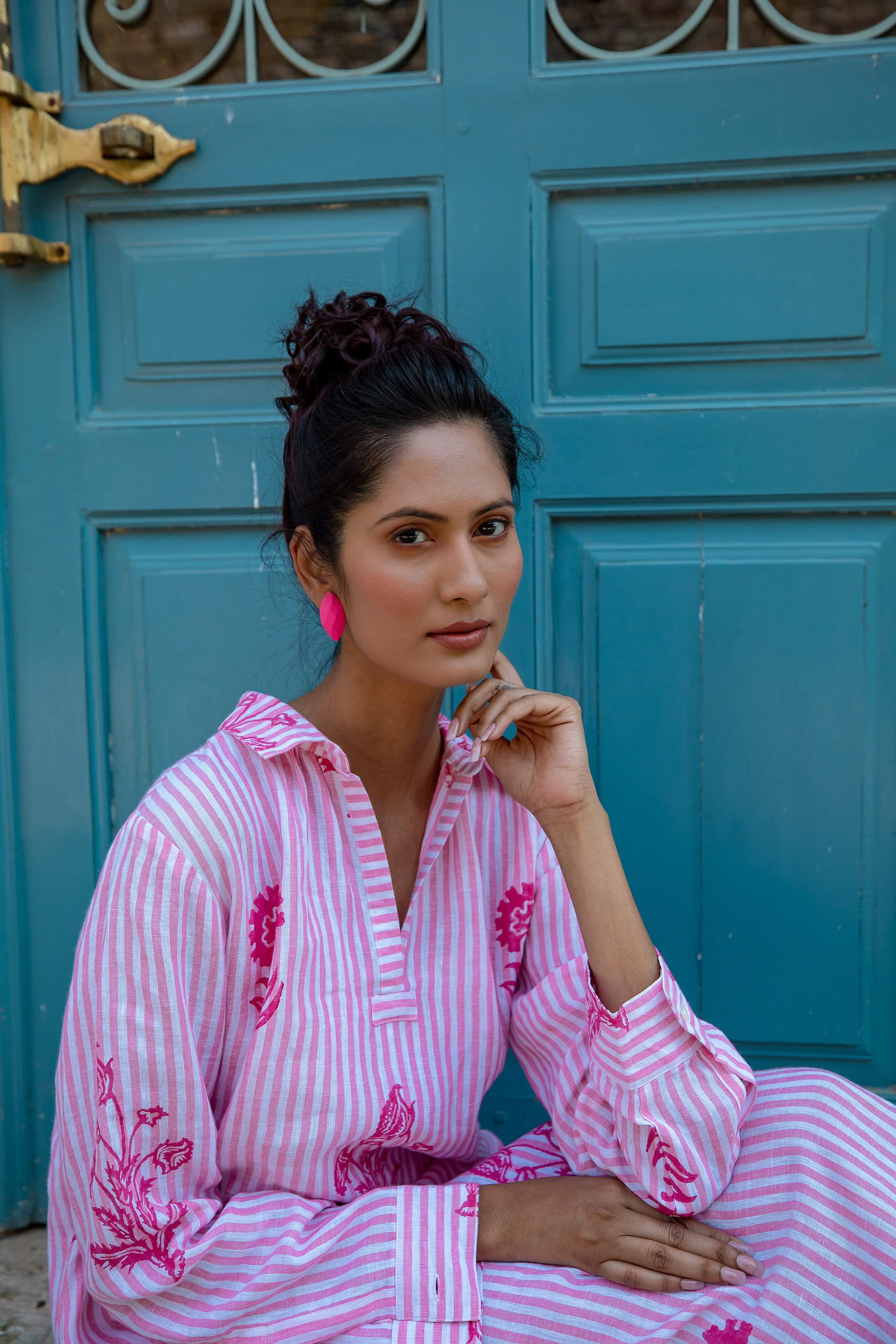 Tourist Hand Printed Stripe Linen Tunic Dress - Pink and White