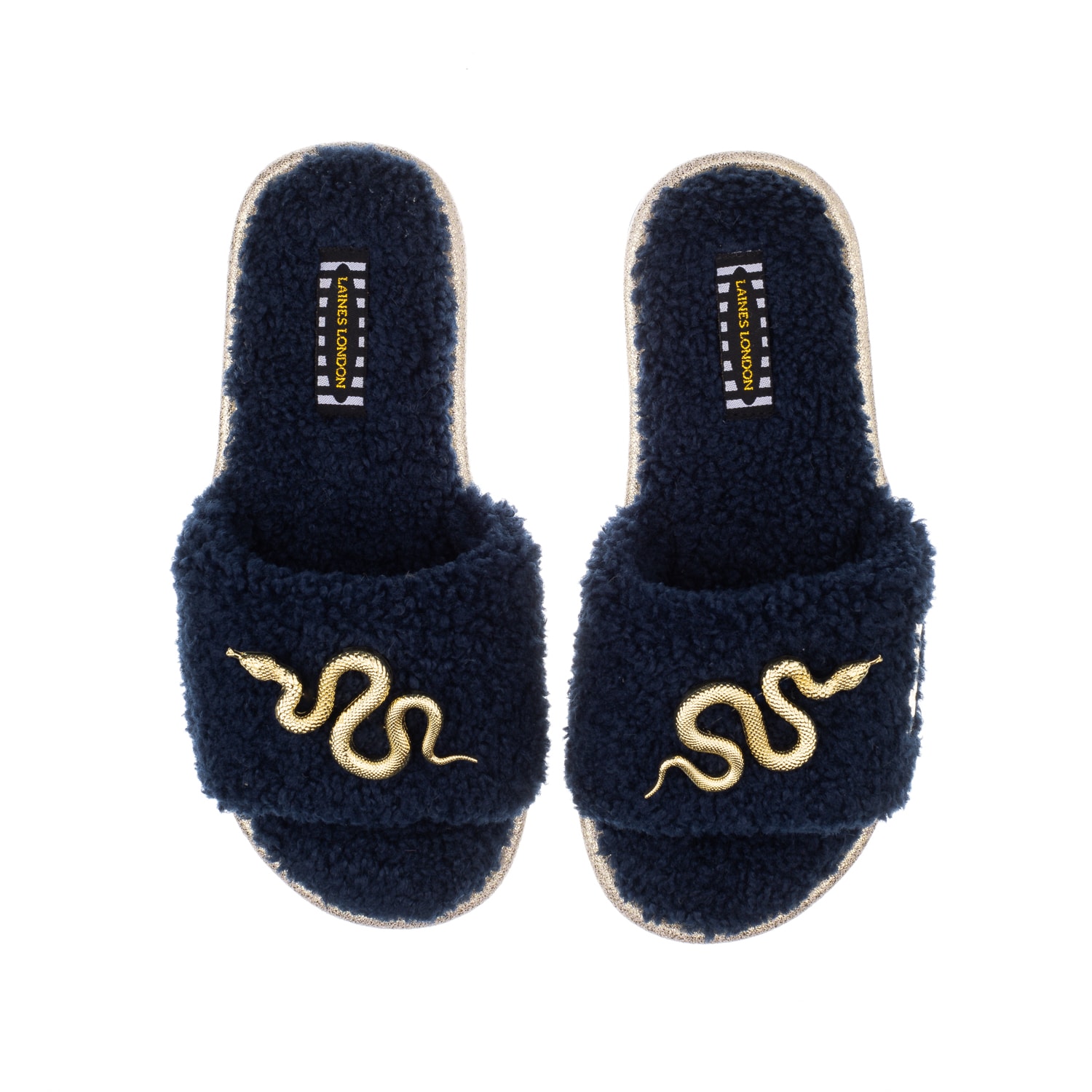 Women’s Blue Teddy Towelling Slipper Sliders With Gold Metal Snake Brooches - Navy Large Laines London